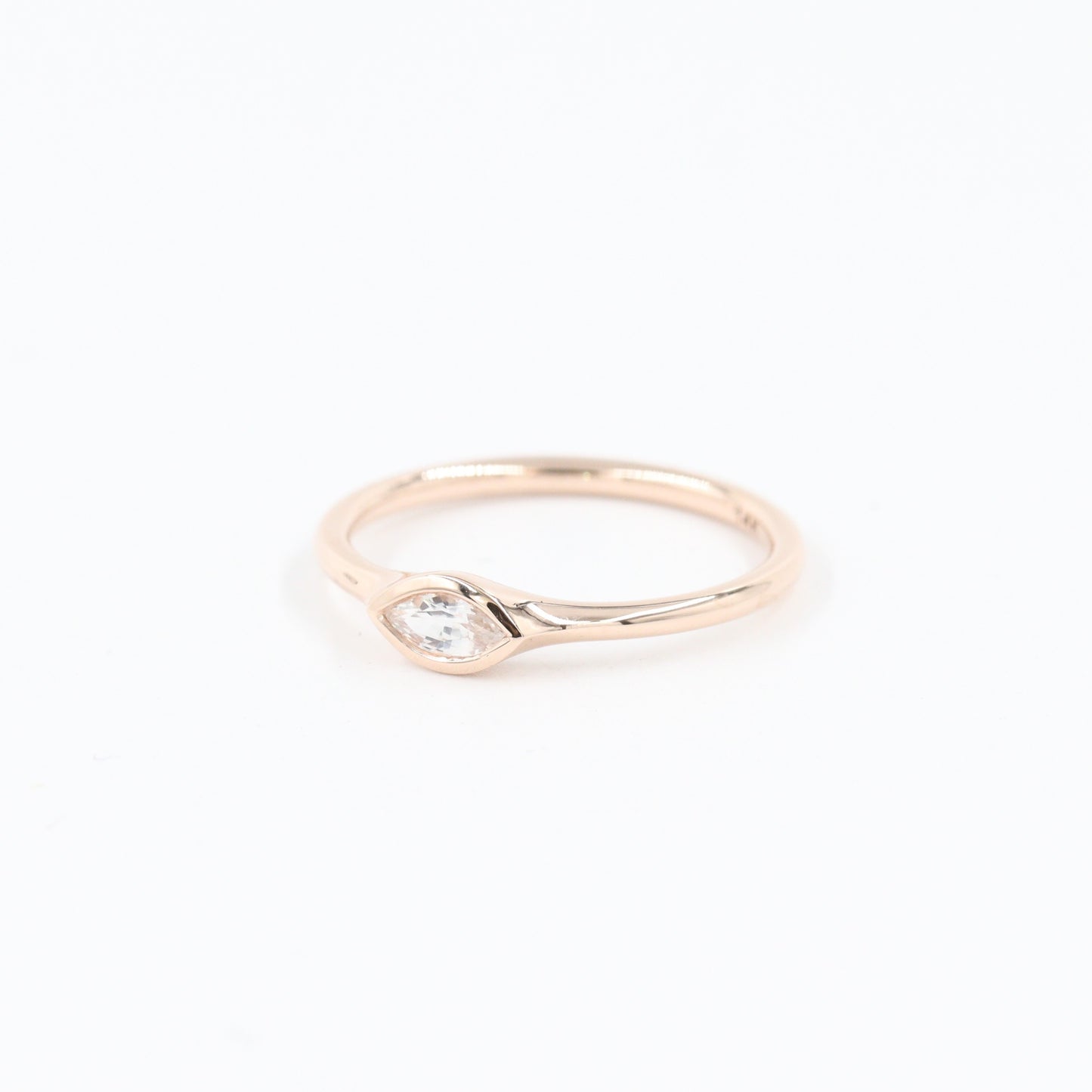 14K Gold Marquise White Sapphire Ring - Handmade Bezel Stackable Ring