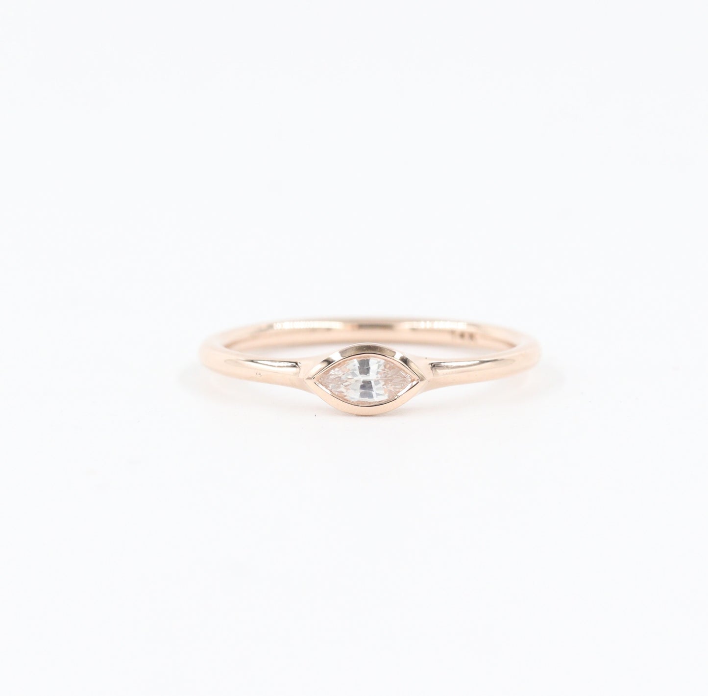 14K Gold Marquise White Sapphire Ring - Handmade Bezel Stackable Ring
