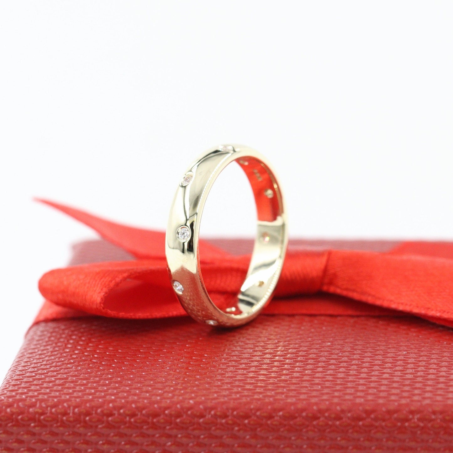14K Gold Natural Diamond Wedding Band: Stackable Eternity Ring - 4mm Dome Anniversary Ring