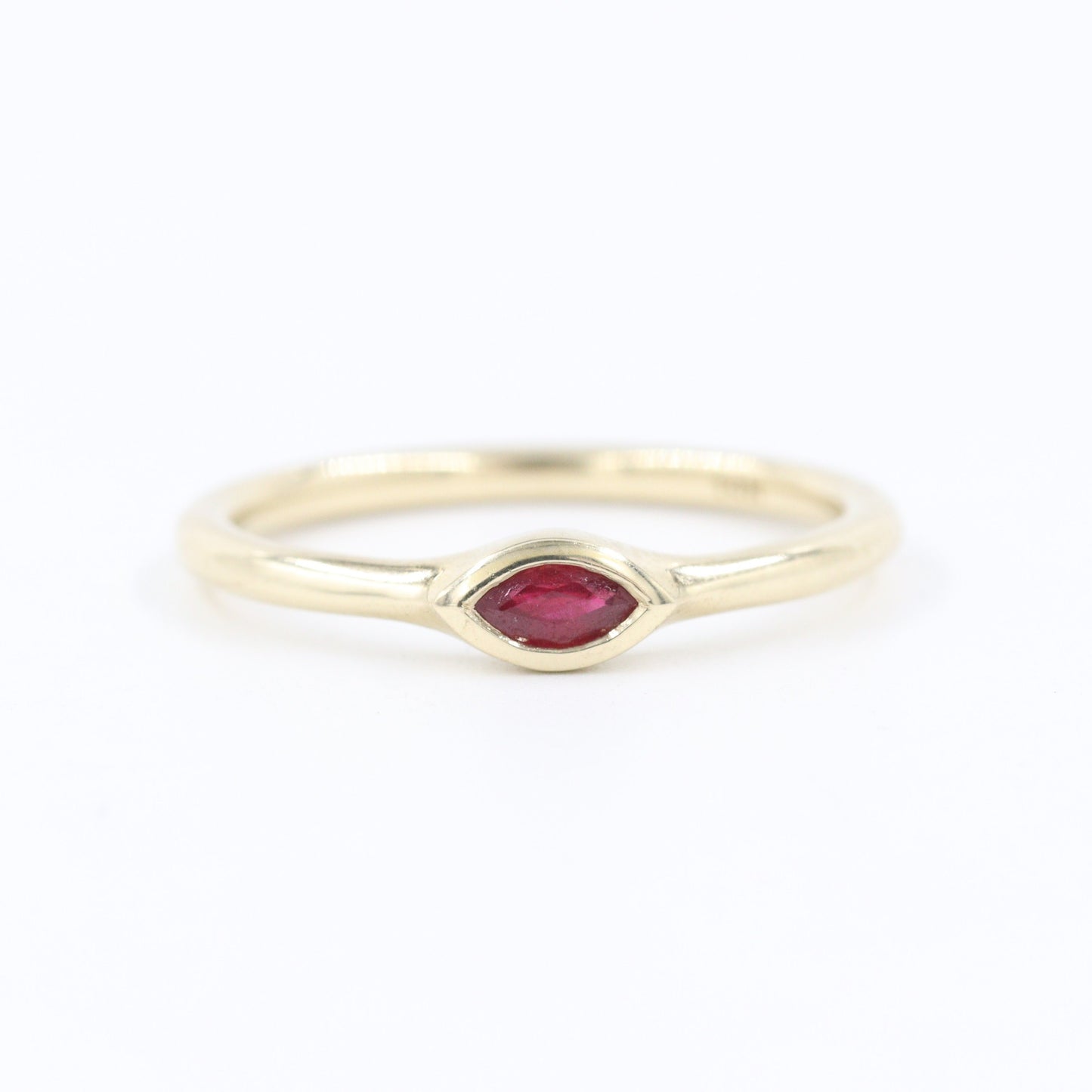 14K Gold Marquise Ruby Ring: Handmade Bezel Solitaire