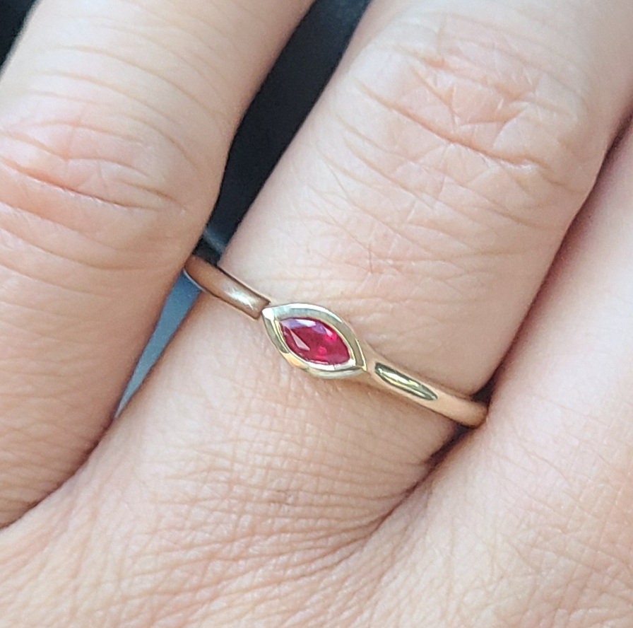 14K Gold Marquise Ruby Ring: Handmade Bezel Solitaire