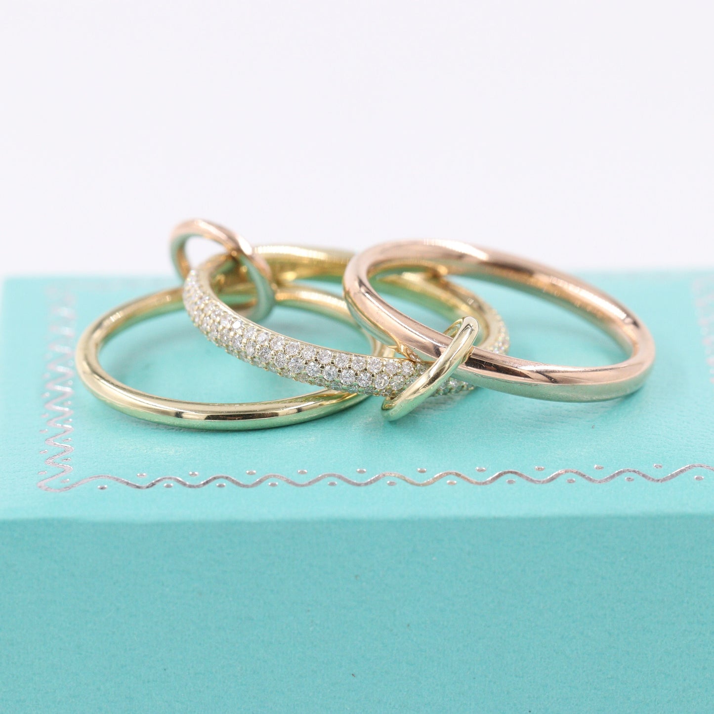 Natural Diamond Stacking Rings: 14K Gold Connected Bands, Handmade- Anniversary Gift