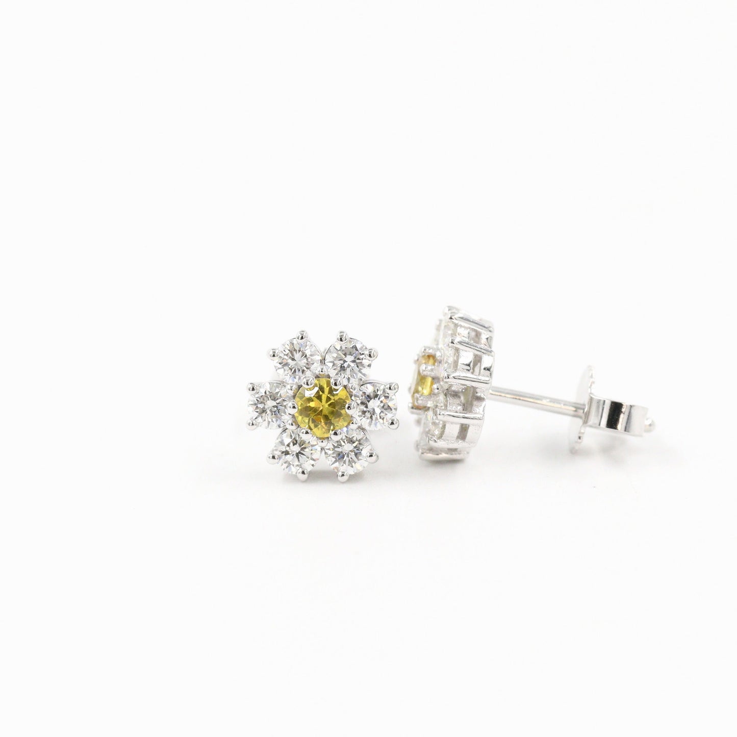 14K Gold Flower Stud Earrings: Natural Diamond & Yellow Sapphire, Handmade