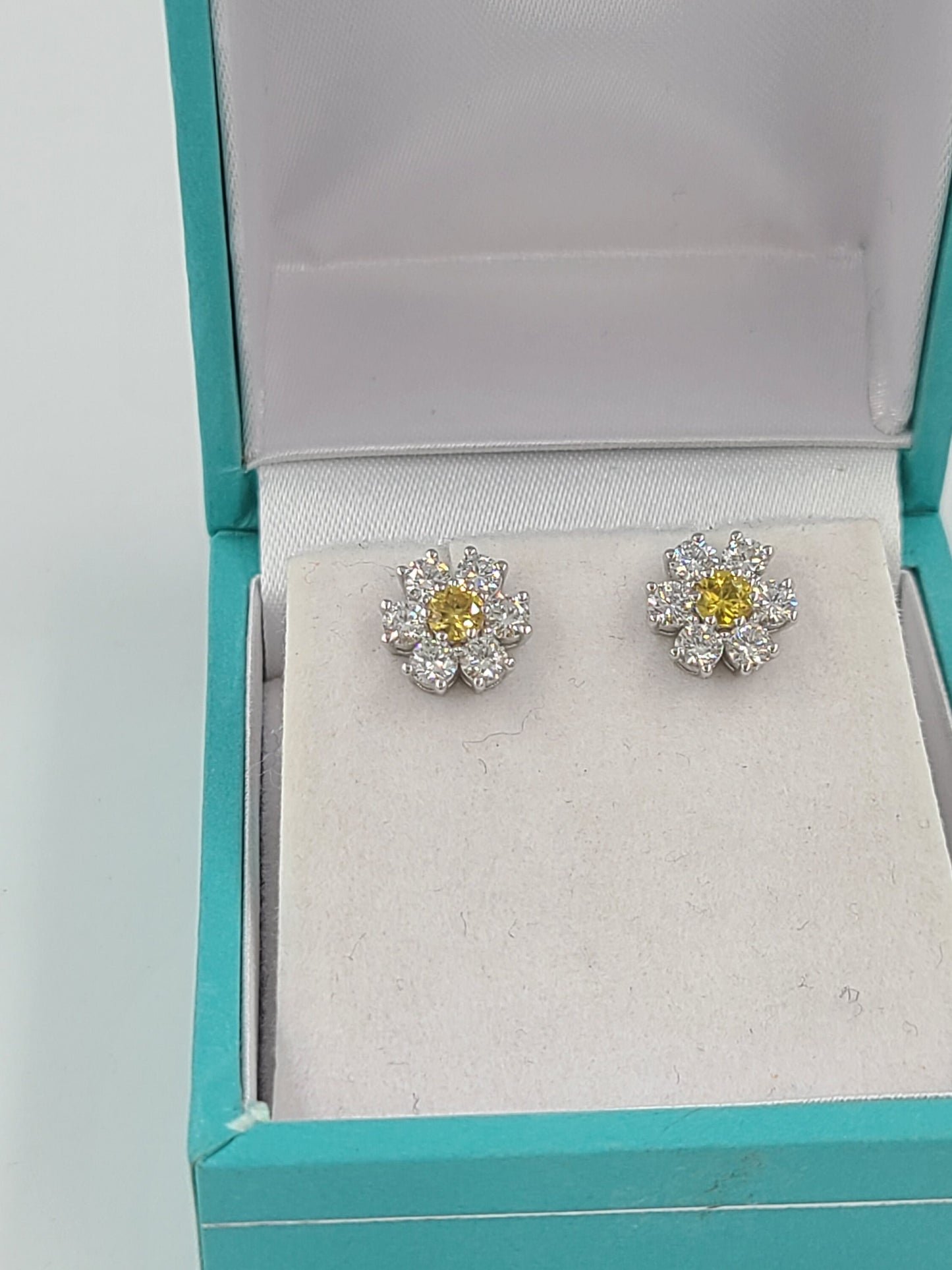 14K Gold Flower Stud Earrings: Natural Diamond & Yellow Sapphire, Handmade