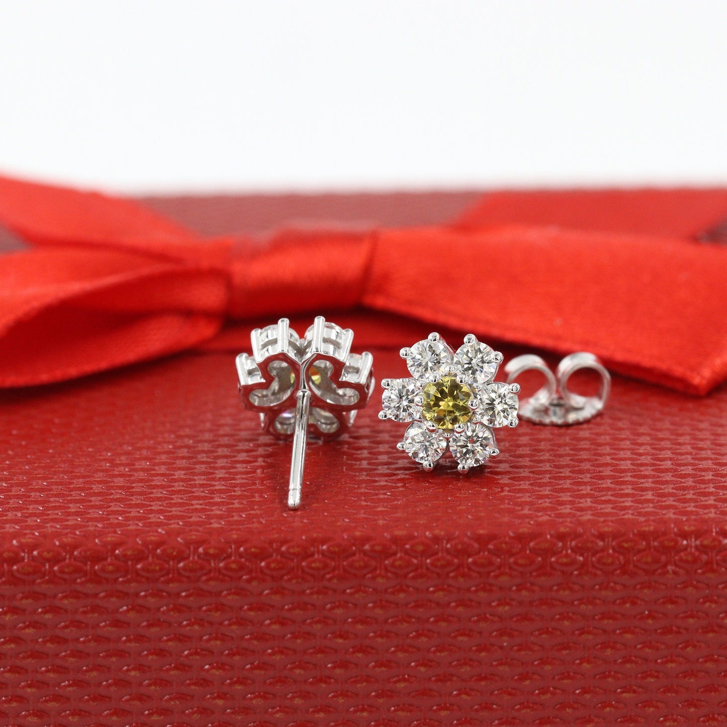 14K Gold Flower Stud Earrings: Natural Diamond & Yellow Sapphire, Handmade