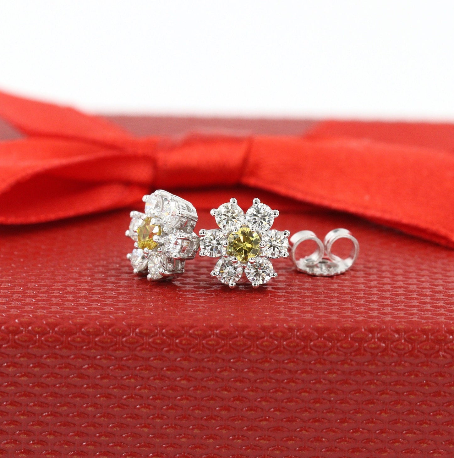 14K Gold Flower Stud Earrings: Natural Diamond & Yellow Sapphire, Handmade
