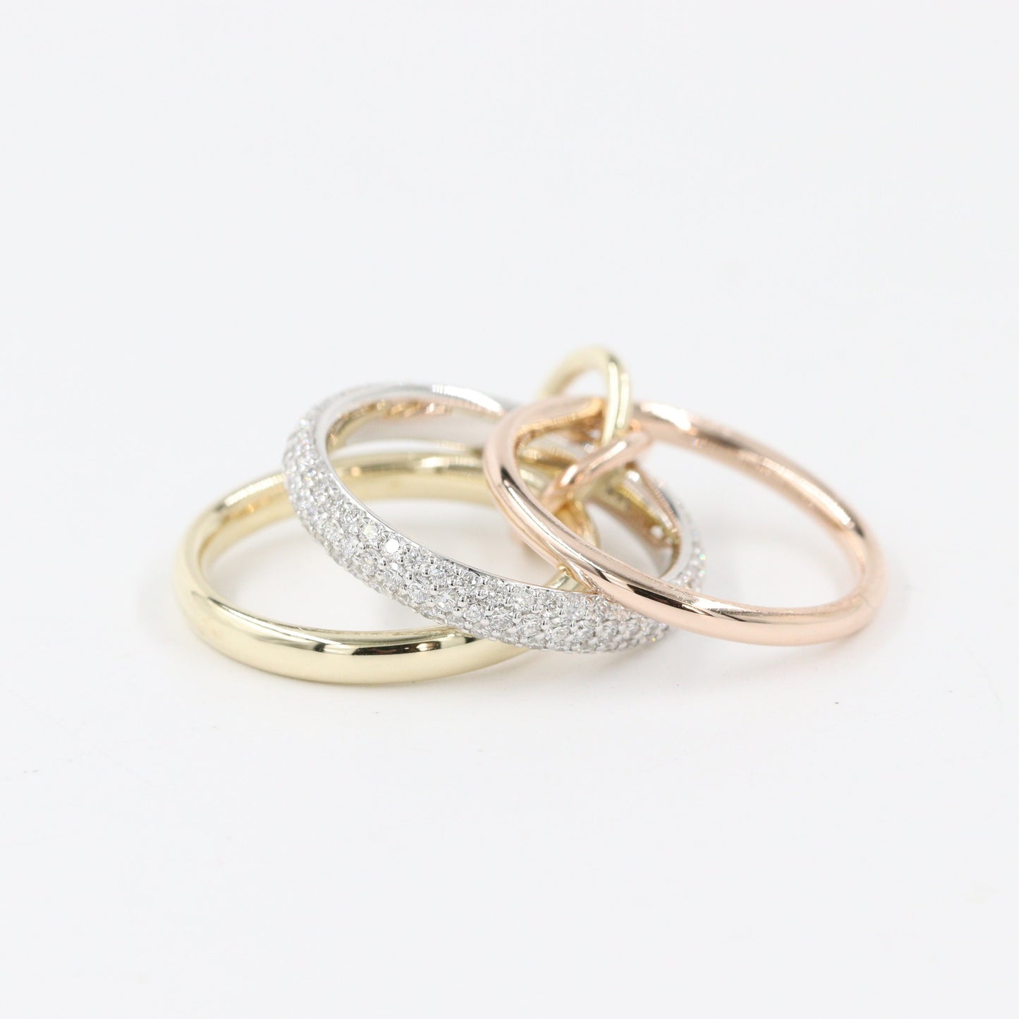 Handmade 14K Gold 3 Row Natural Diamond Stacking Rings with Connectors- Anniversary Gift