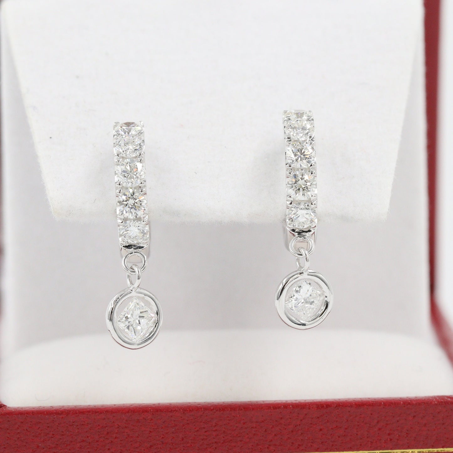 14K Gold Natural Diamond Hoop Earrings with Dangle: Princess Cut Huggies, 1ct