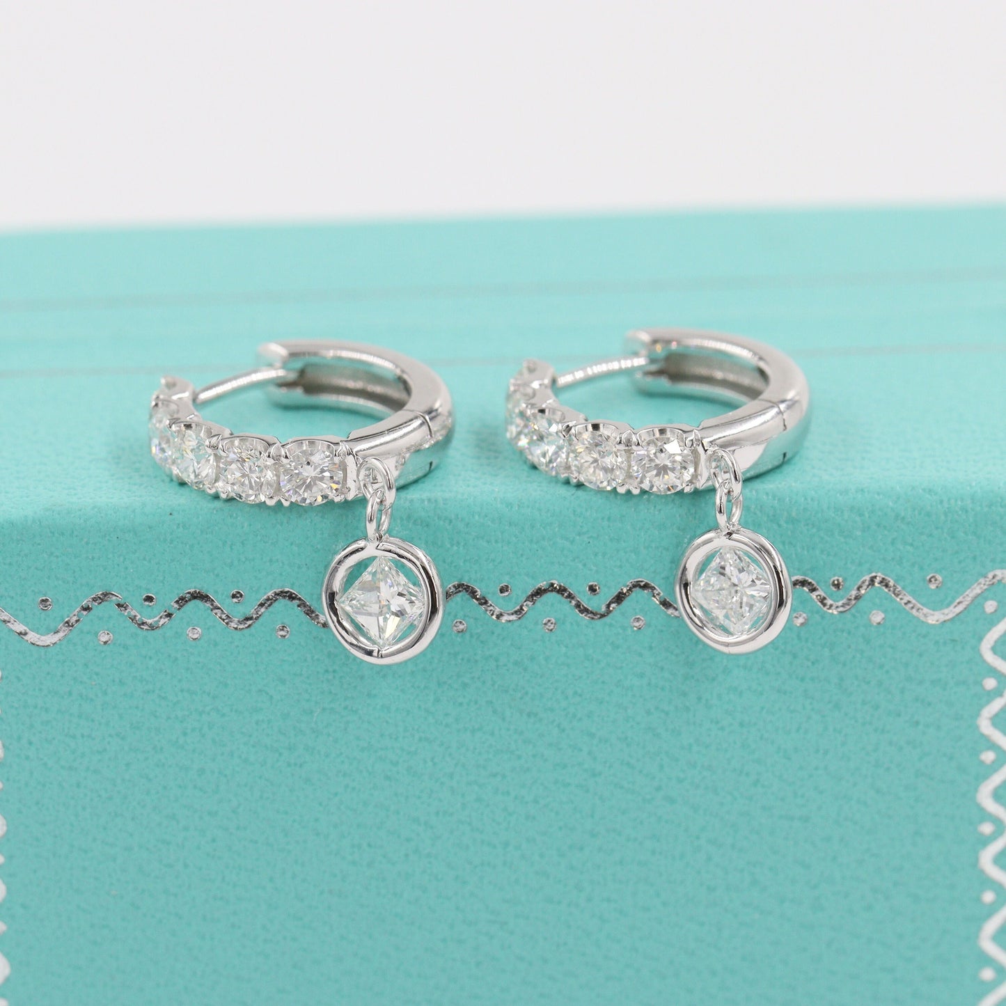 14K Gold Natural Diamond Hoop Earrings with Dangle: Princess Cut Huggies, 1ct