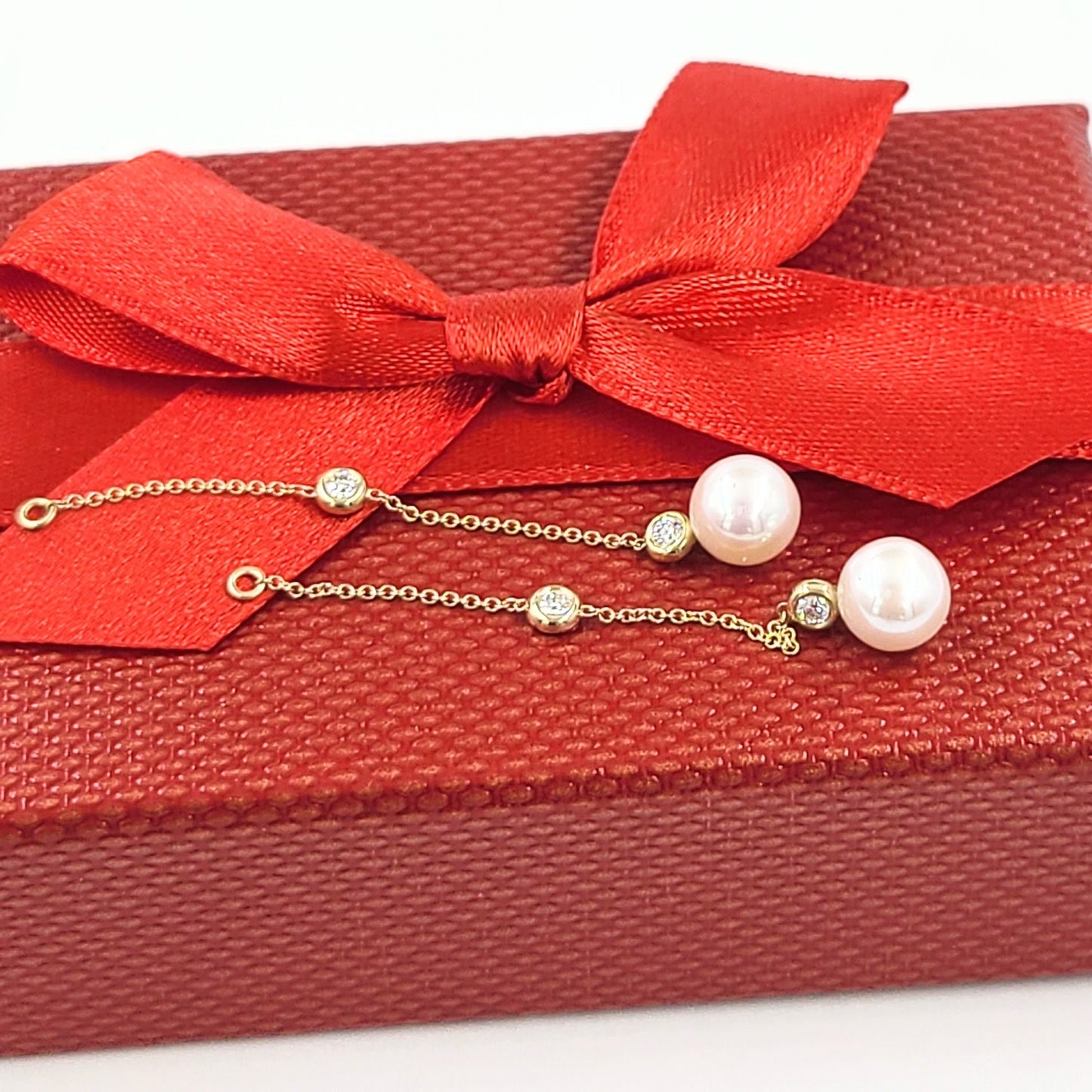 14K Gold Pearl & Natural Diamond Drop Chain Earring Jackets