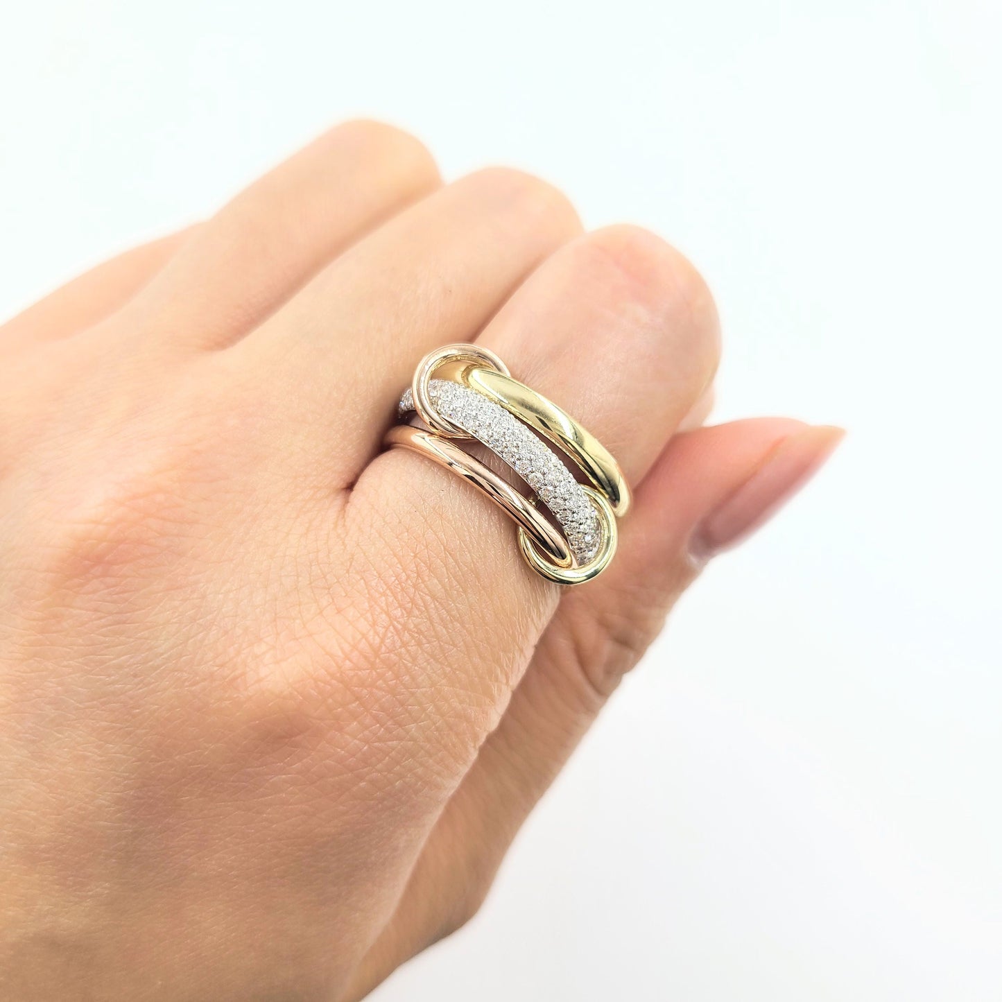 Handmade 14K Gold 3 Row Natural Diamond Stacking Rings with Connectors- Anniversary Gift