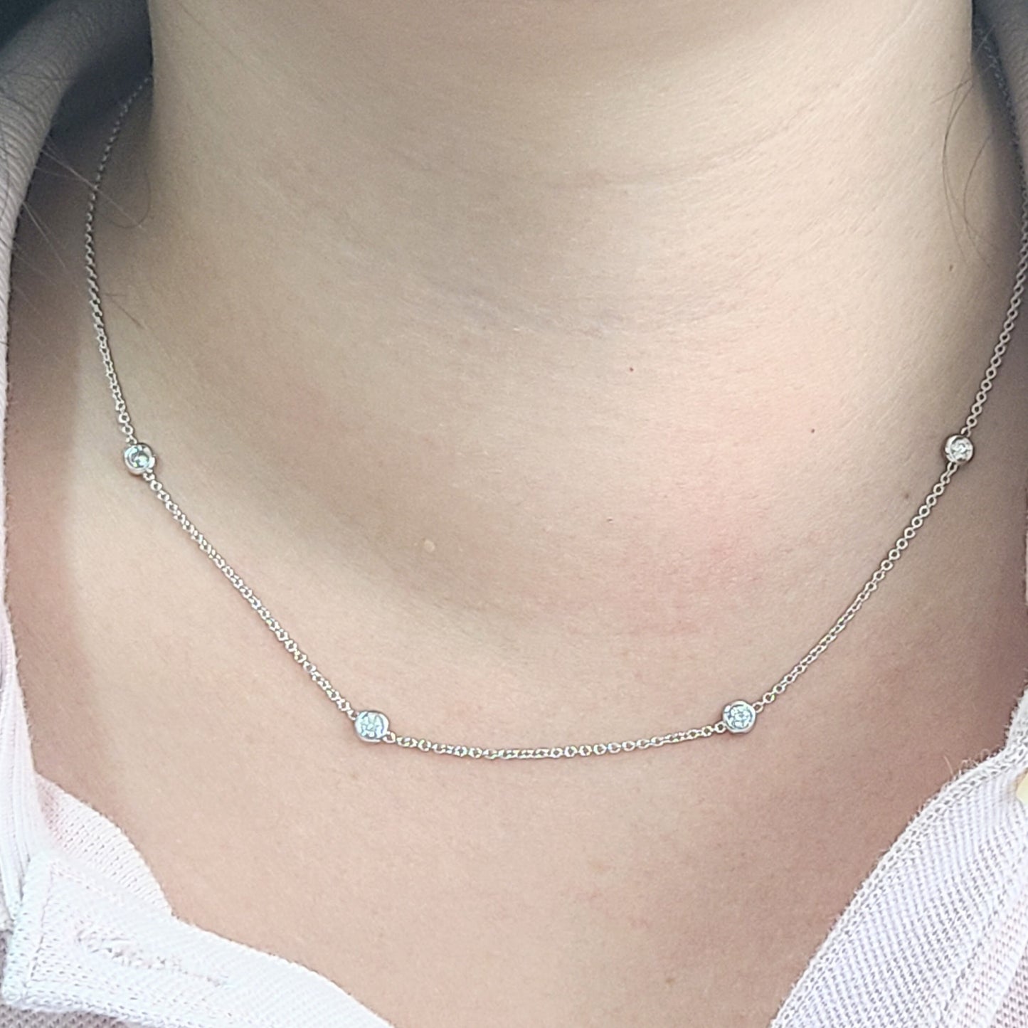 Four Natural Diamonds Bezel By The Yard Necklace/14K gold  0.12ctw~0.28ctw Diamond Necklace/Diamond Wedding Necklace/Anniversary Gift