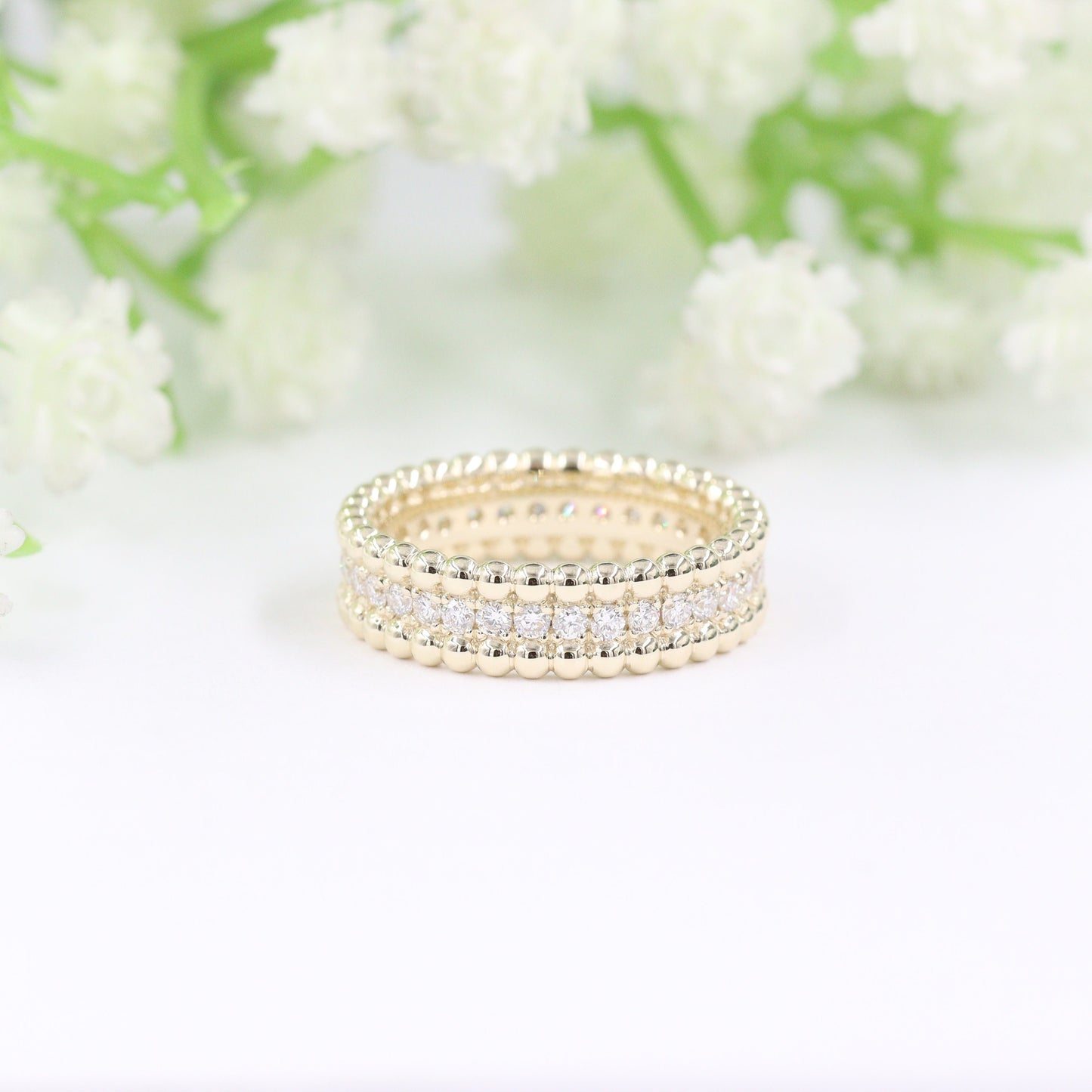 14K Gold Natural Diamond Eternity Ring: Stackable Bead Wedding Band- Anniversary Gift