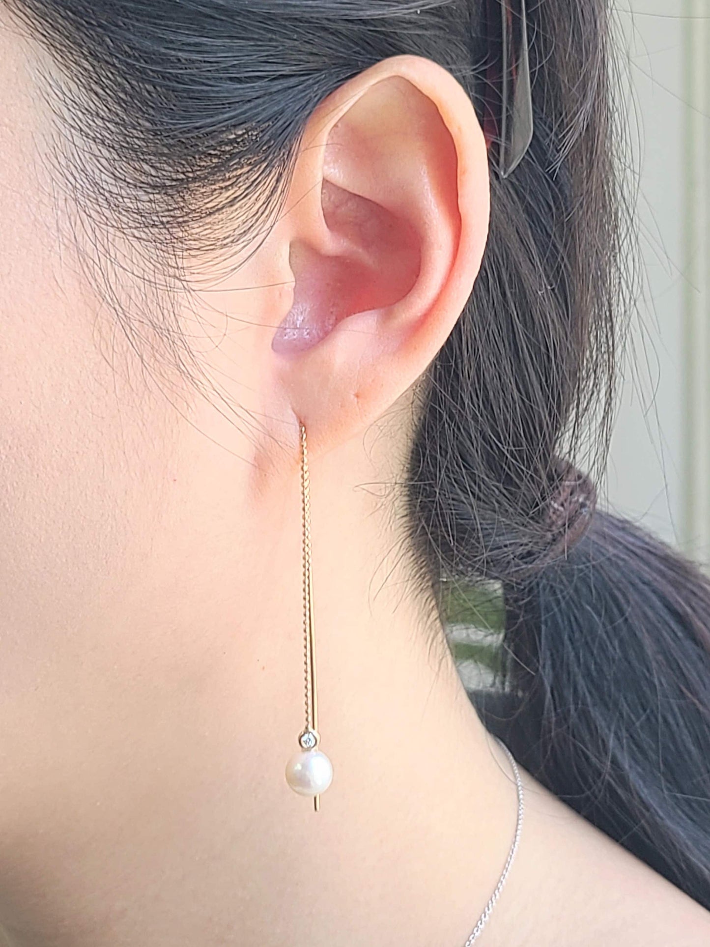 14K Gold Pearl Natural Diamond Dangle Earrings: Minimalist Drop Earring