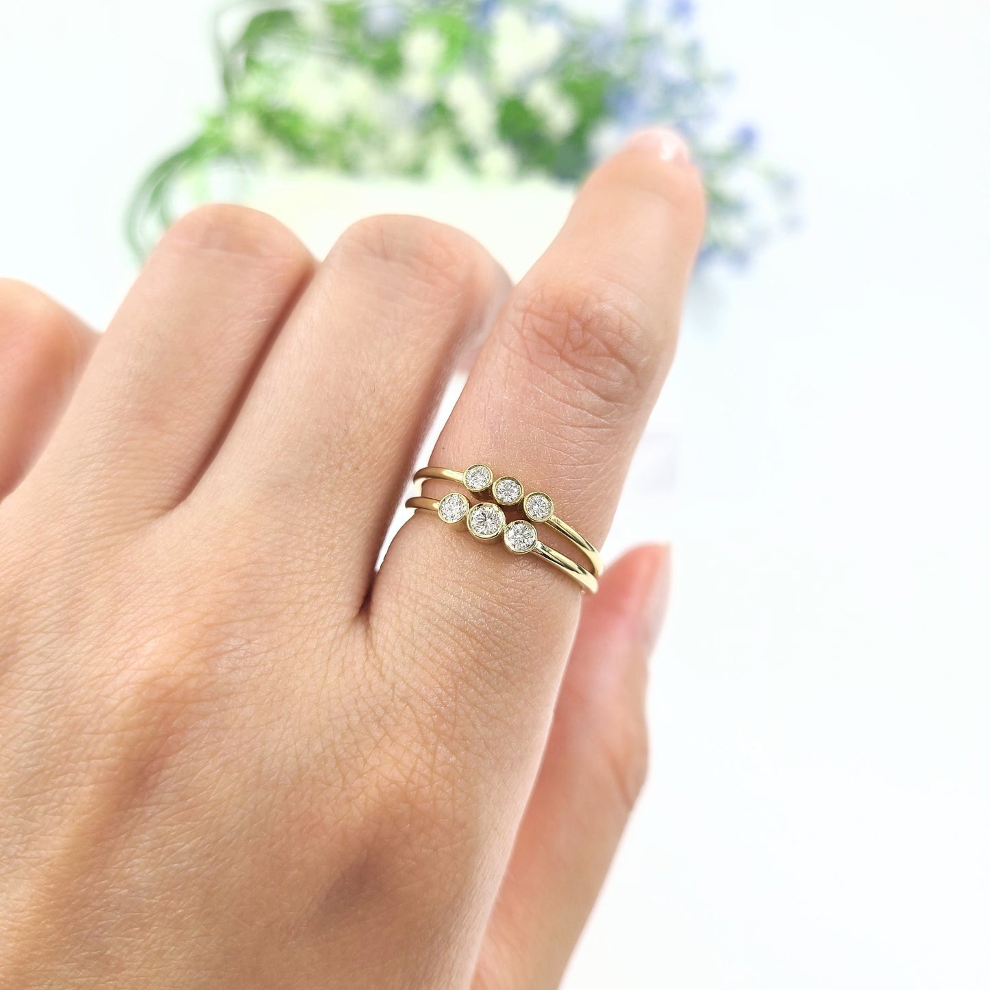 Dainty 14K Gold 0.1ct Natura Diamond Ring: Three Stone Bezel Setting Diamond Ring - Anniversary gift