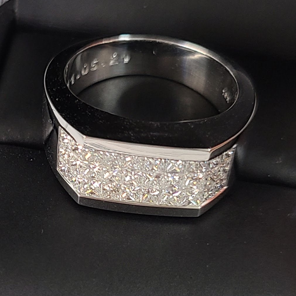 Princess Cut 1.9ct 3 Row Natural Diamond Men's Ring: 14K Gold Invisible Setting Wedding Band