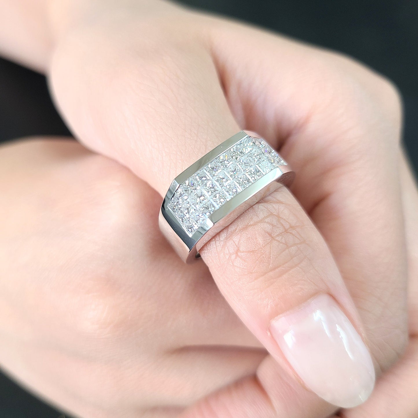 Princess Cut 1.9ct 3 Row Natural Diamond Men's Ring: 14K Gold Invisible Setting Wedding Band