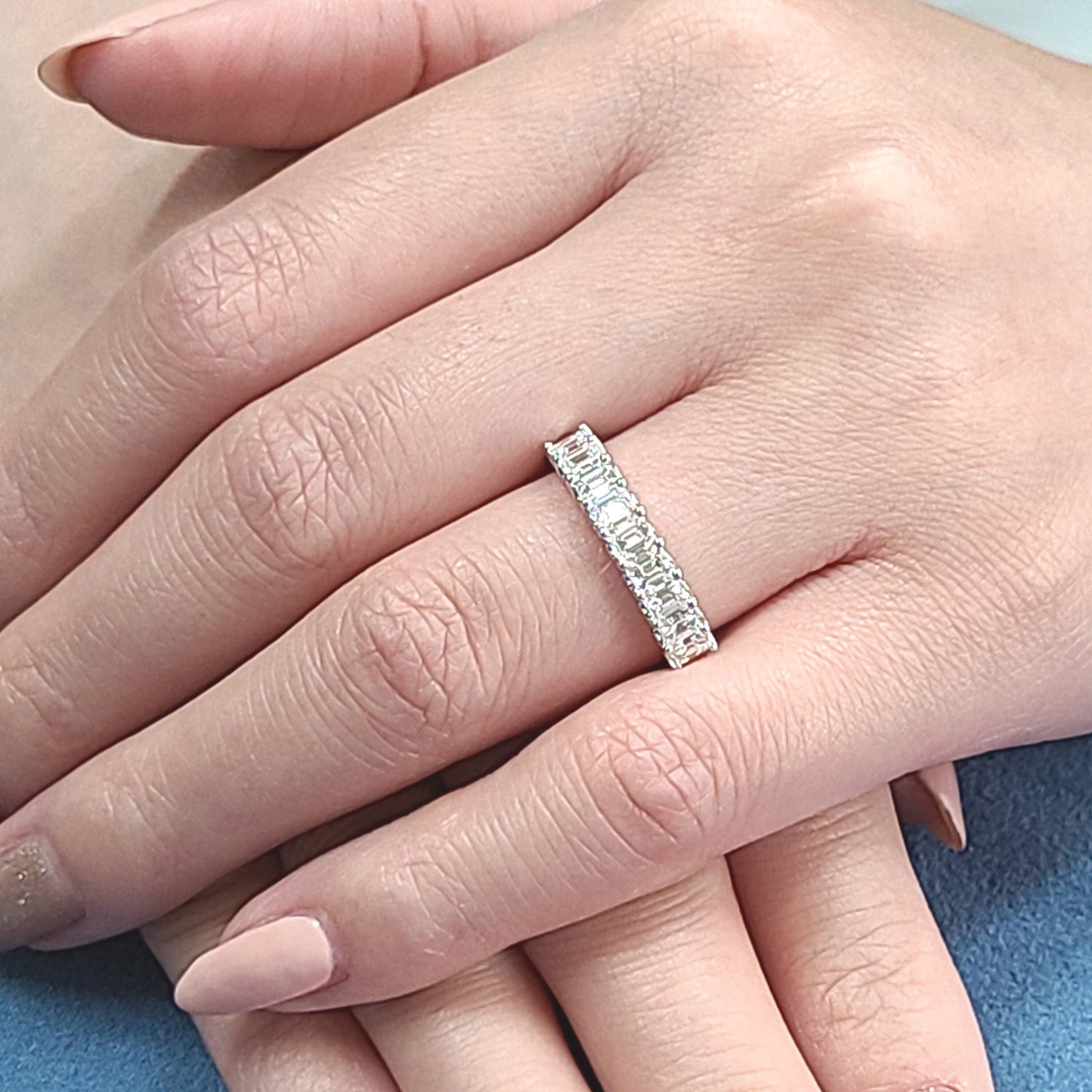 Emerald Cut Natural Diamond Band: 1.3ct Half Eternity Wedding Ring - 14K Gold ,18K Gold, Platinum Diamond Ring - Anniversary gift