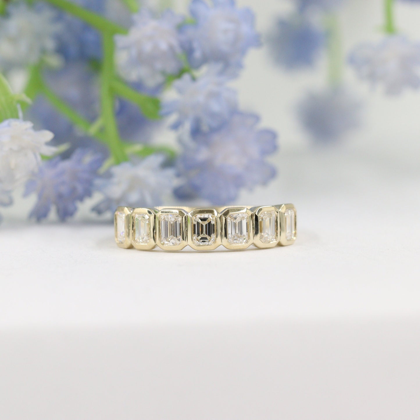 Emerald Cut Natural Diamond Bezel Set Band: 14K Gold ,18K Gold, Platinum Diamond Ring - Anniversary gift