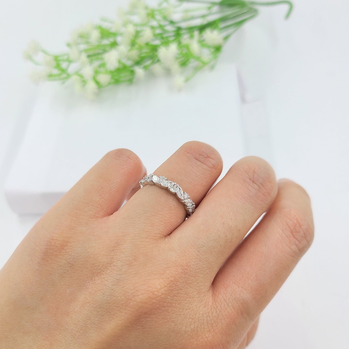 14K Gold Marquise Natural Diamond Cluster Ring: Handmade Anniversary Band