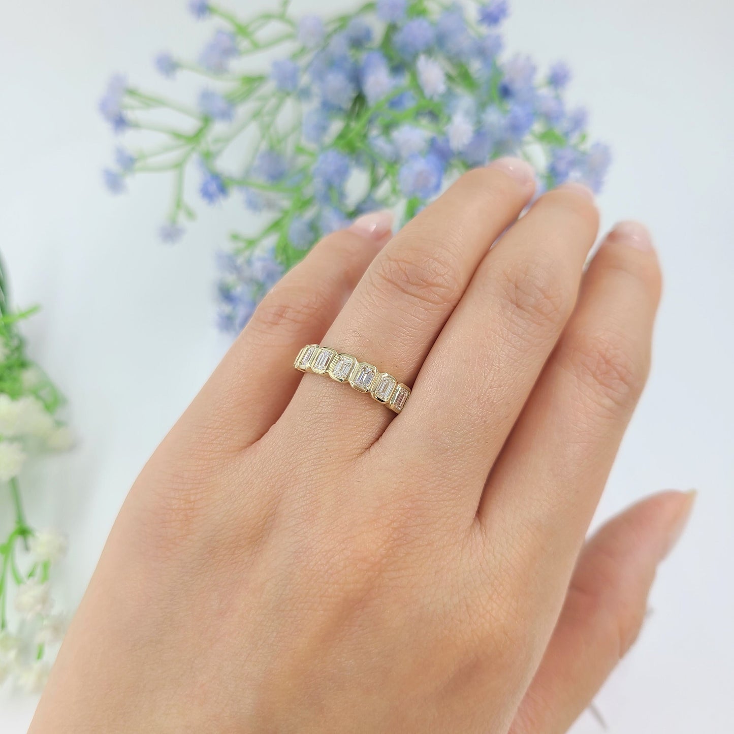 Emerald Cut Natural Diamond Bezel Set Band: 14K Gold ,18K Gold, Platinum Diamond Ring - Anniversary gift