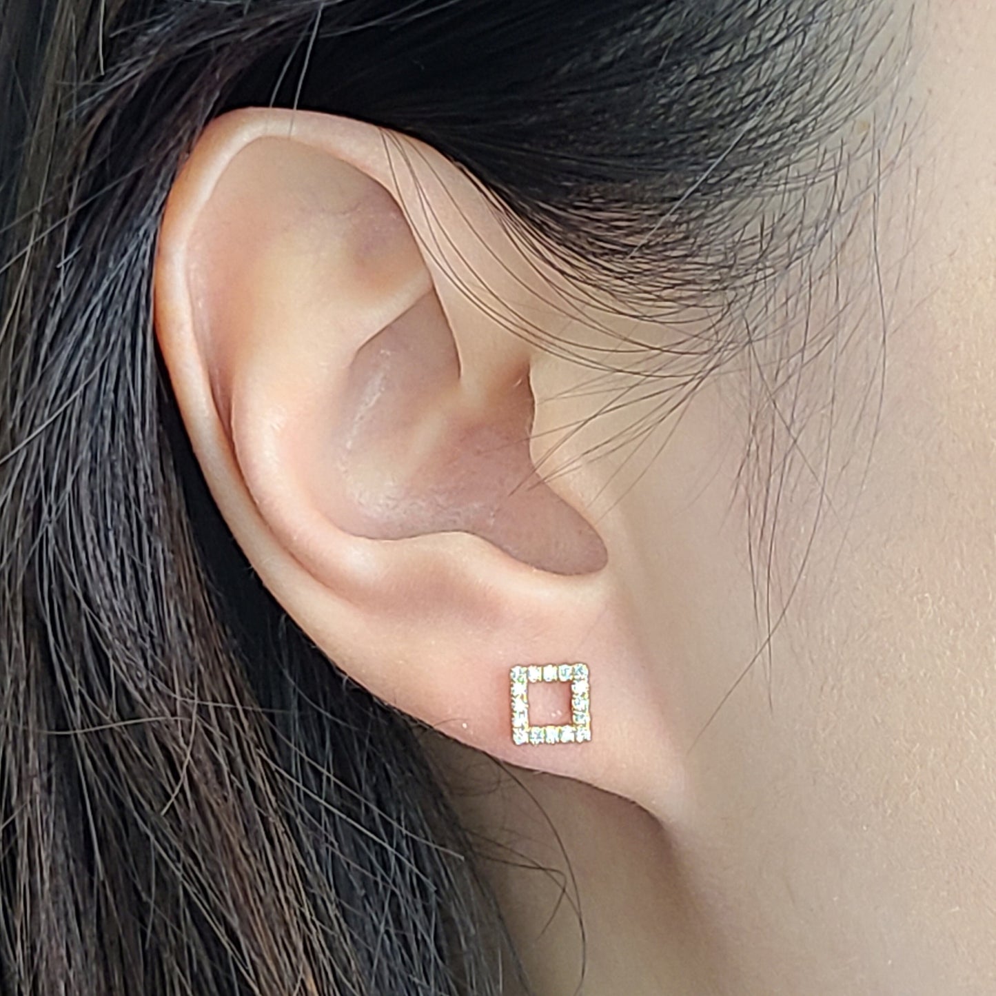 14K Gold Open Square Natural Diamond Stud Earrings: Handmade Fine Jewelry