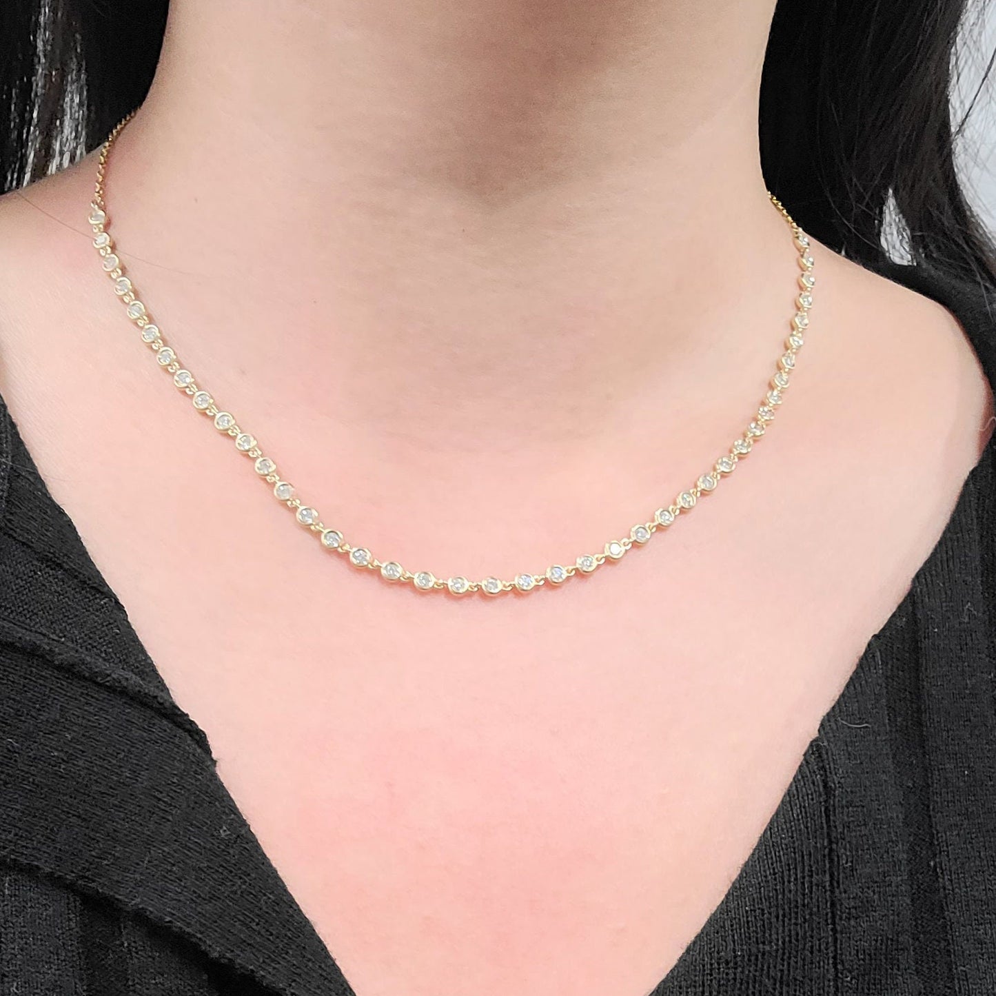 Half Way Round Diamond Bezel Tennis Necklace/14K gold Diamond Bezel setting Tennis Necklace/Natural Diamond Tennis Necklace/anniversary gift