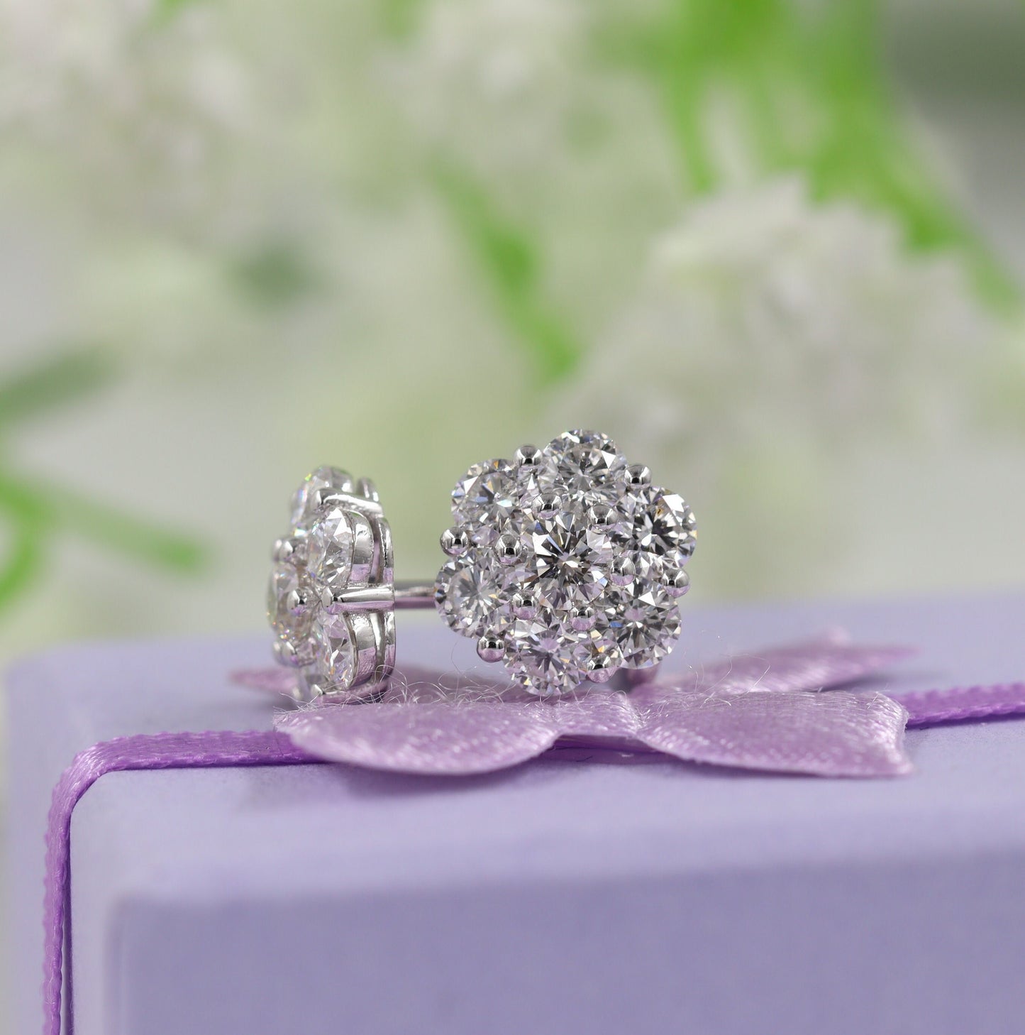 1.6ct Natural Diamond Flower Stud Earrings: 14K Gold, European Lock - Anniversary gift