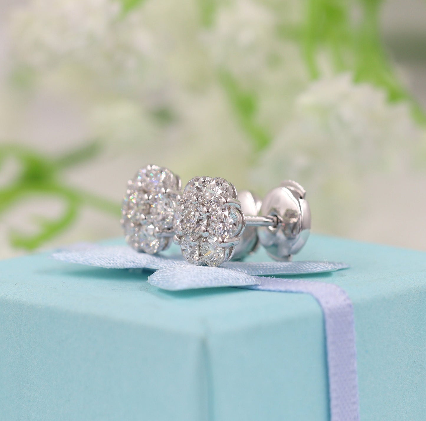 1.6ct Natural Diamond Flower Stud Earrings: 14K Gold, European Lock - Anniversary gift