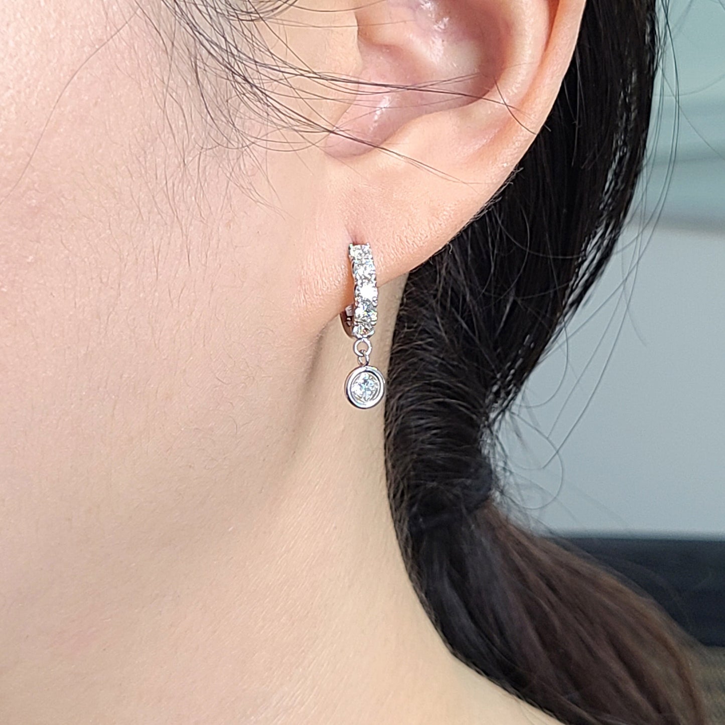 14K Gold Natural Diamond Hoop Earrings with Dangle: Princess Cut Huggies, 1ct