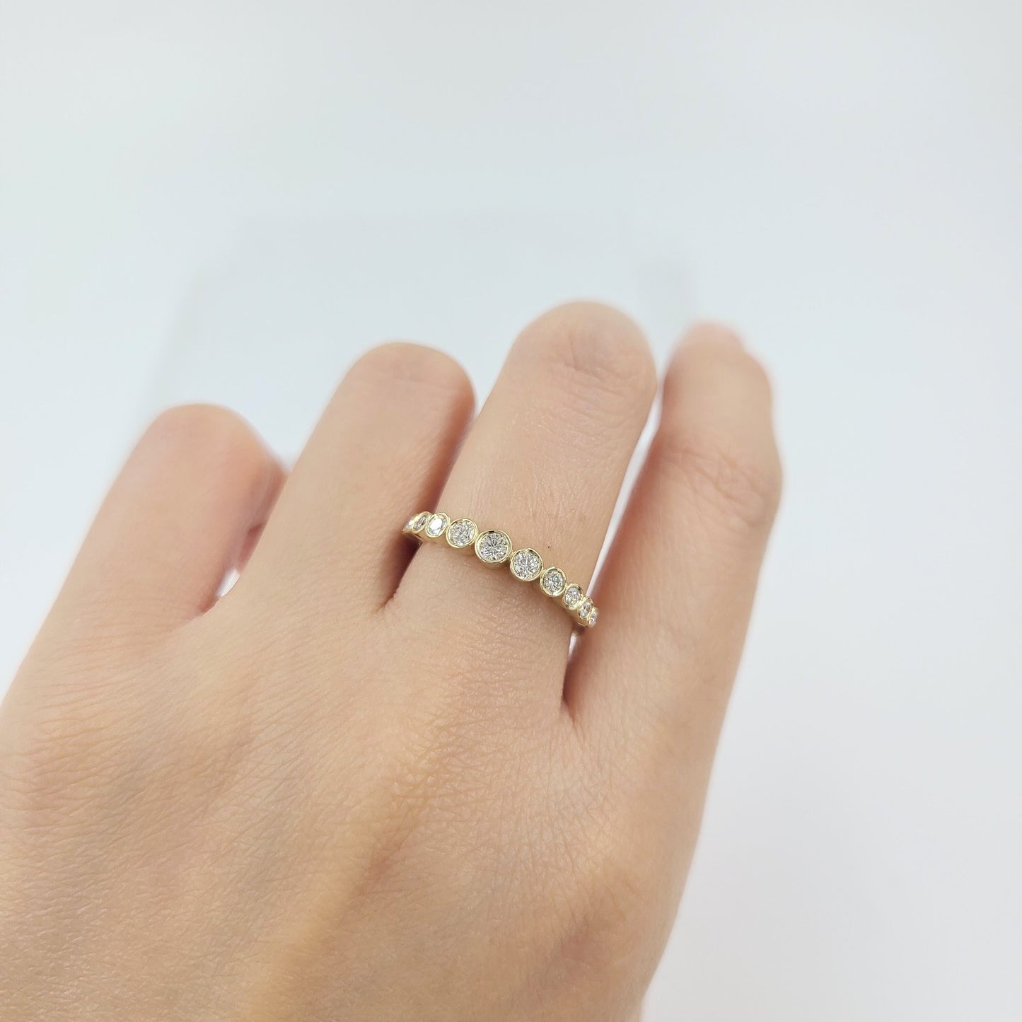 14K Gold  Natural Diamond Bezel Ring: Half Eternity Stackable Band