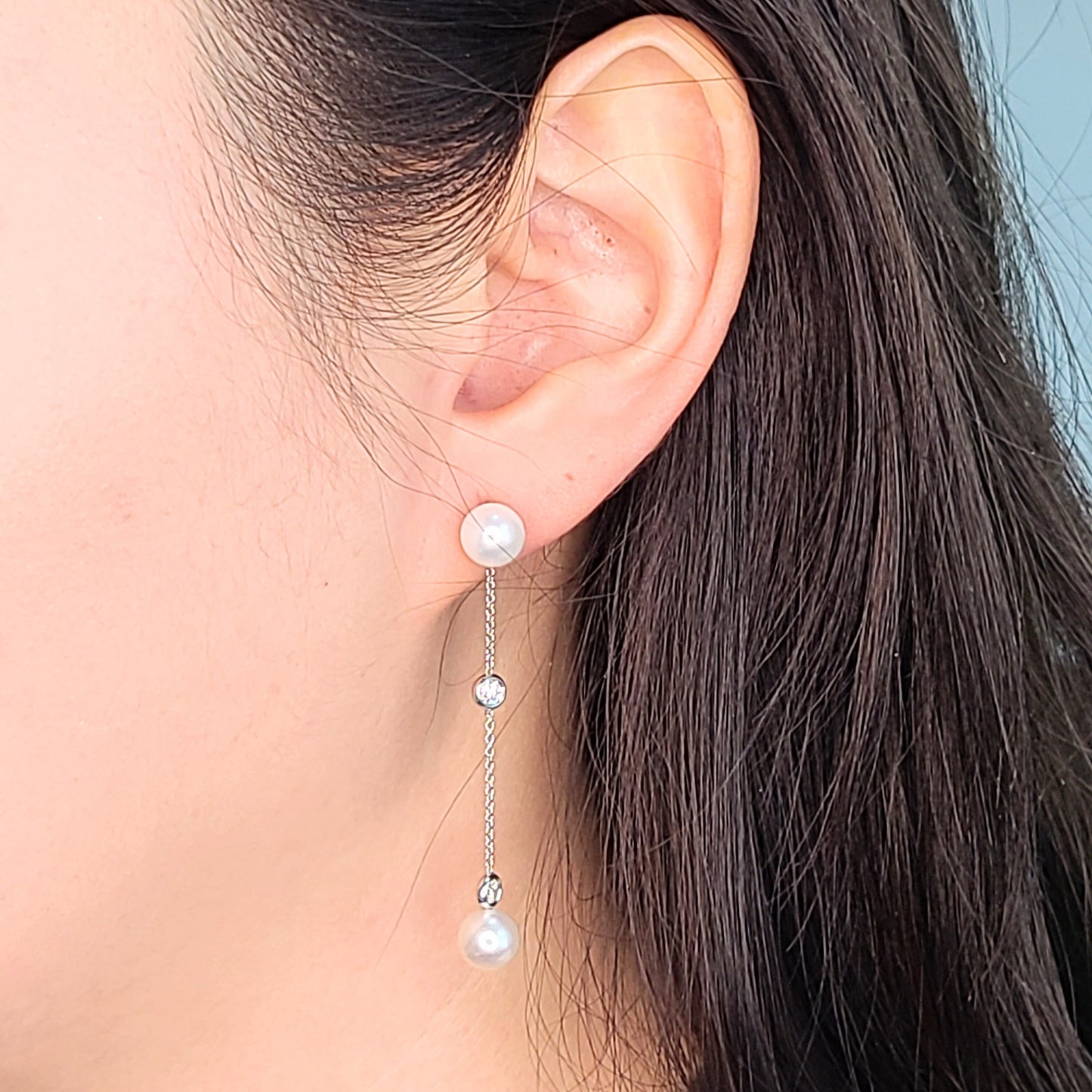 14K Gold Pearl & Natural Diamond Drop Chain Earring Jackets