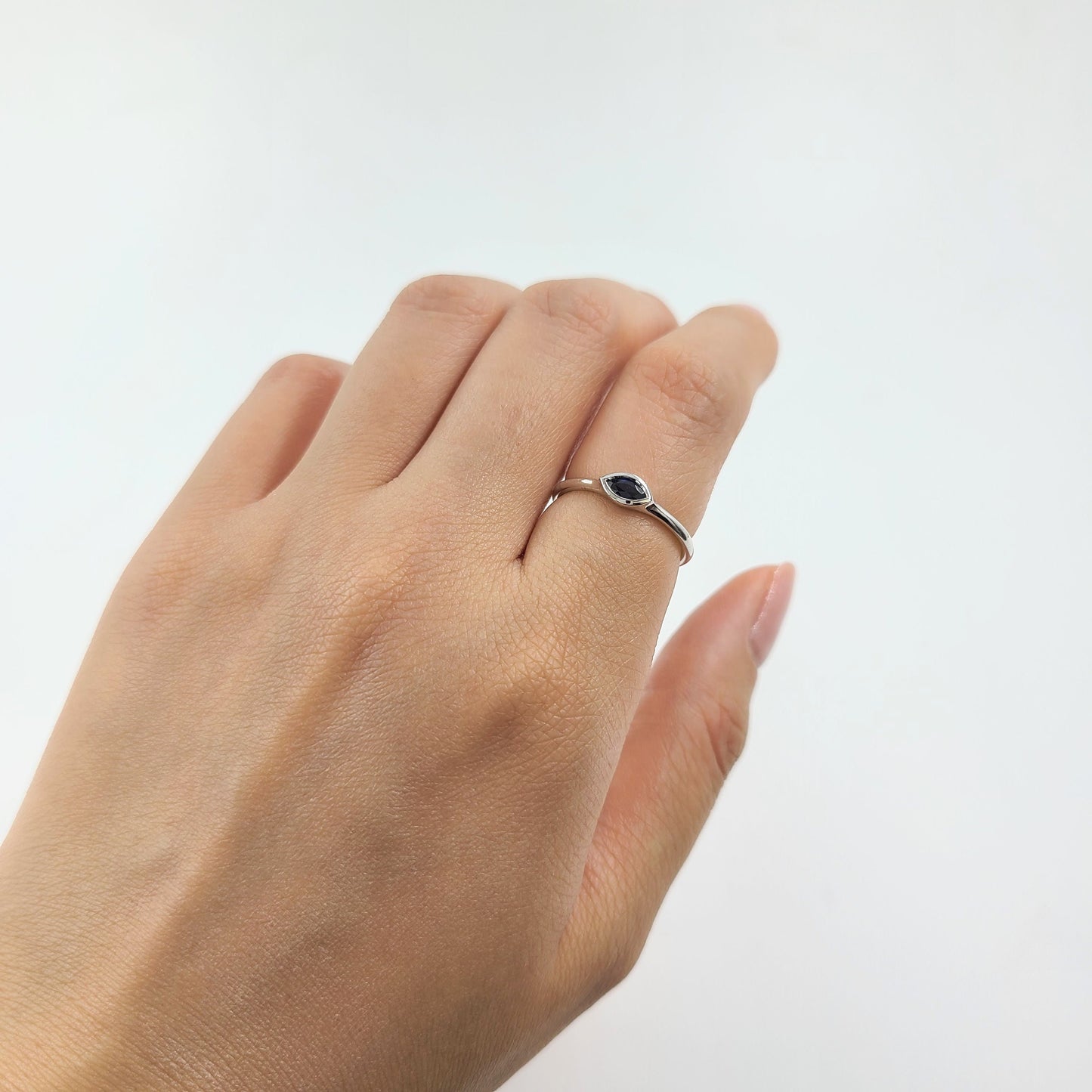 14K Gold Marquise Blue Sapphire Ring: Handmade Bezel Band
