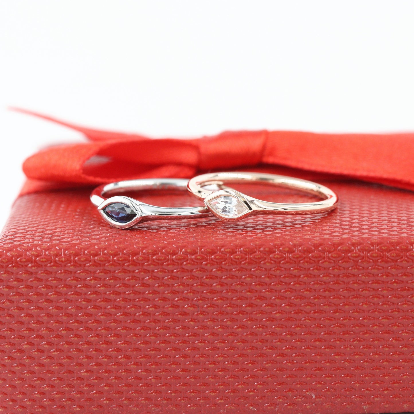 14K Gold Marquise Blue Sapphire Ring: Handmade Bezel Band