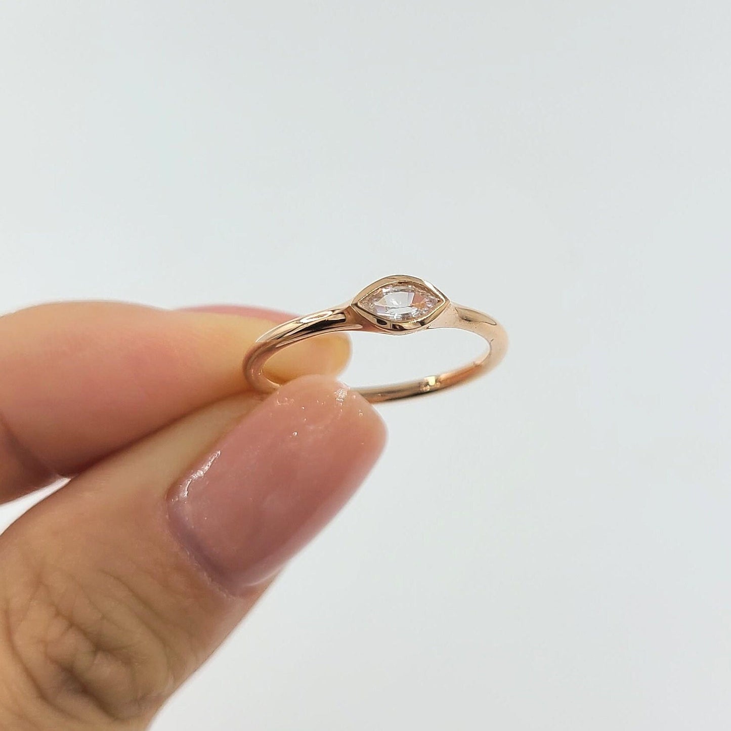 14K Gold Marquise White Sapphire Ring - Handmade Bezel Stackable Ring
