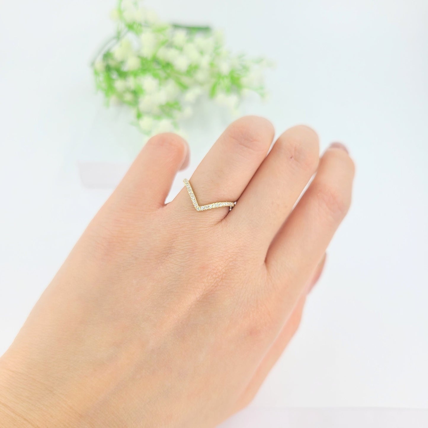 14K Gold V-Shape Natural Diamond Pave Ring(small): Handmade Wedding Band - Anniversary Gift