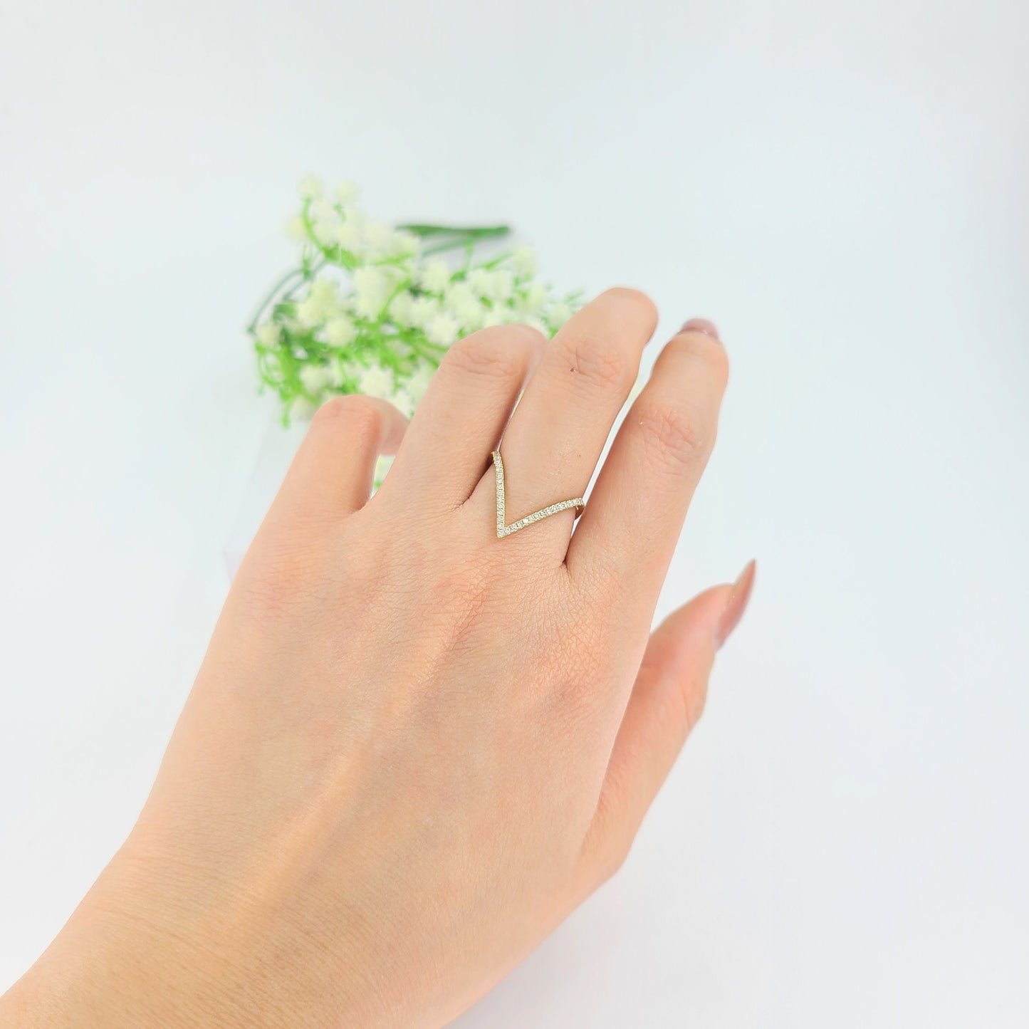 14K Gold V-Shape Natural Diamond Pave Ring (large): Handmade Wedding Band - Anniversary Gift