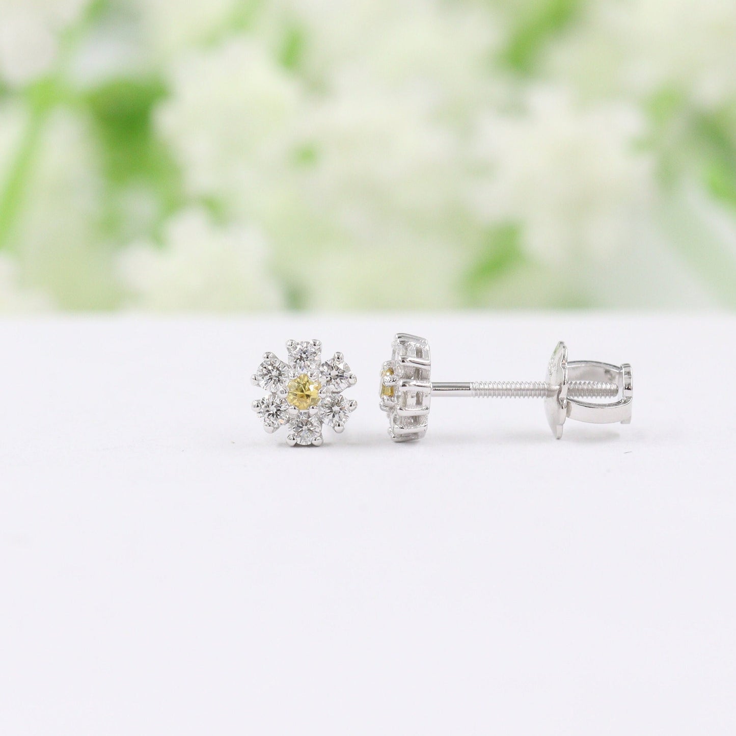 Natural Diamond Flower Stud Earrings: Yellow Sapphire, 14k Gold Stud Earring - Anniversary gift