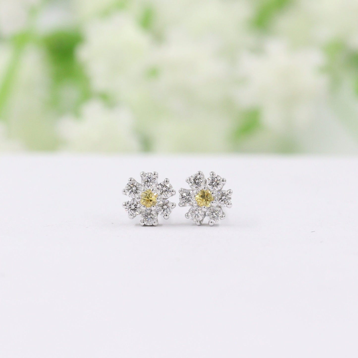 Natural Diamond Flower Stud Earrings: Yellow Sapphire, 14k Gold Stud Earring - Anniversary gift
