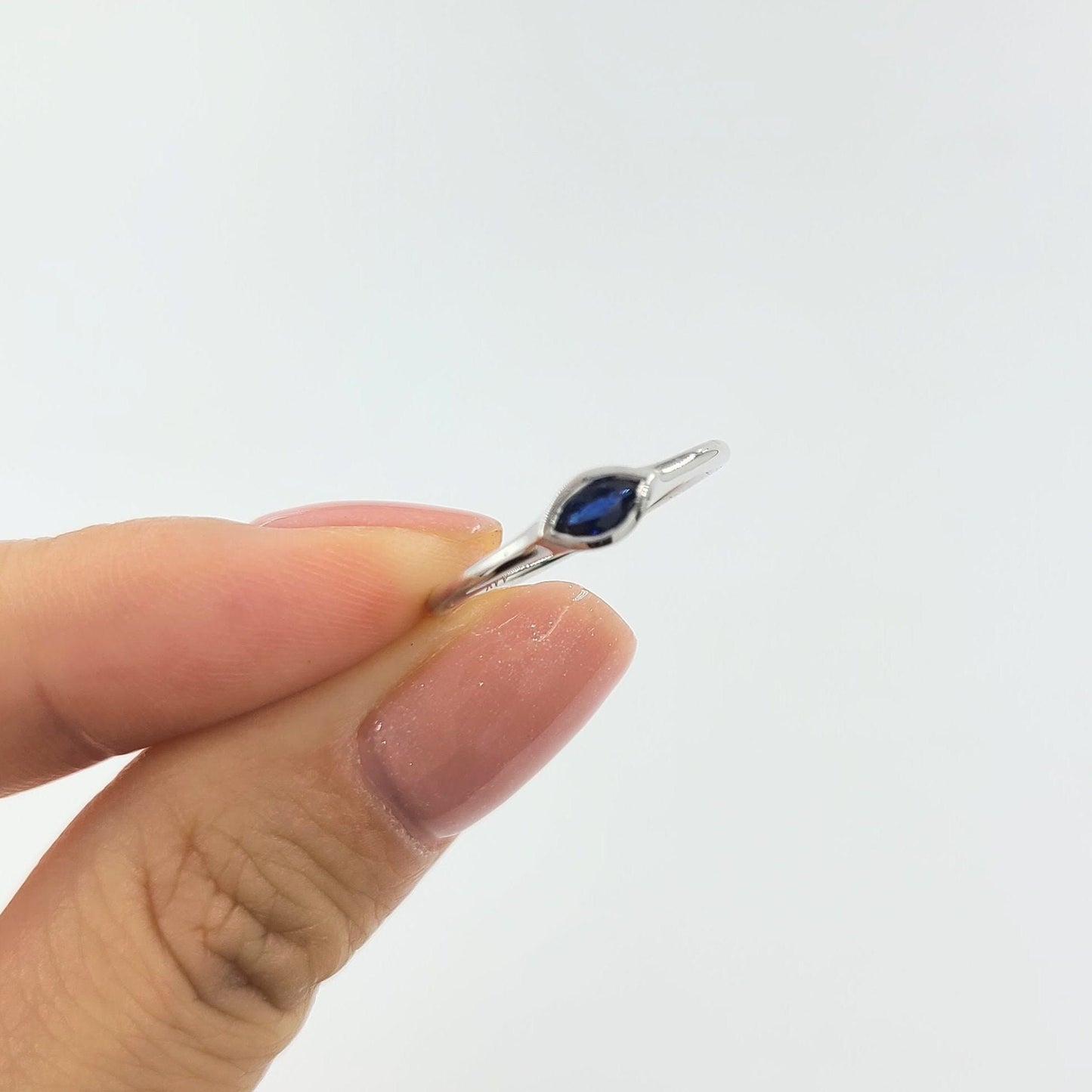 14K Gold Marquise Blue Sapphire Ring: Handmade Bezel Band