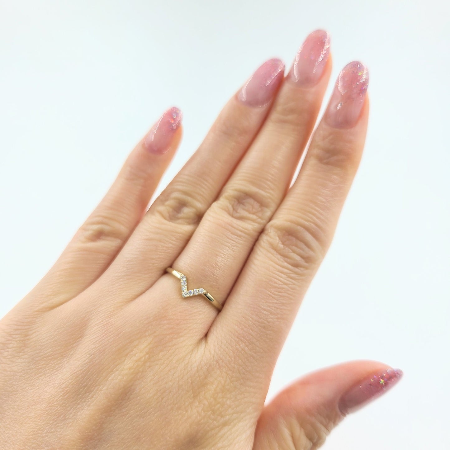 Mini Natural Diamond Pave V-Shape Ring: 14K Gold Stackable Ring- Anniversary Gift