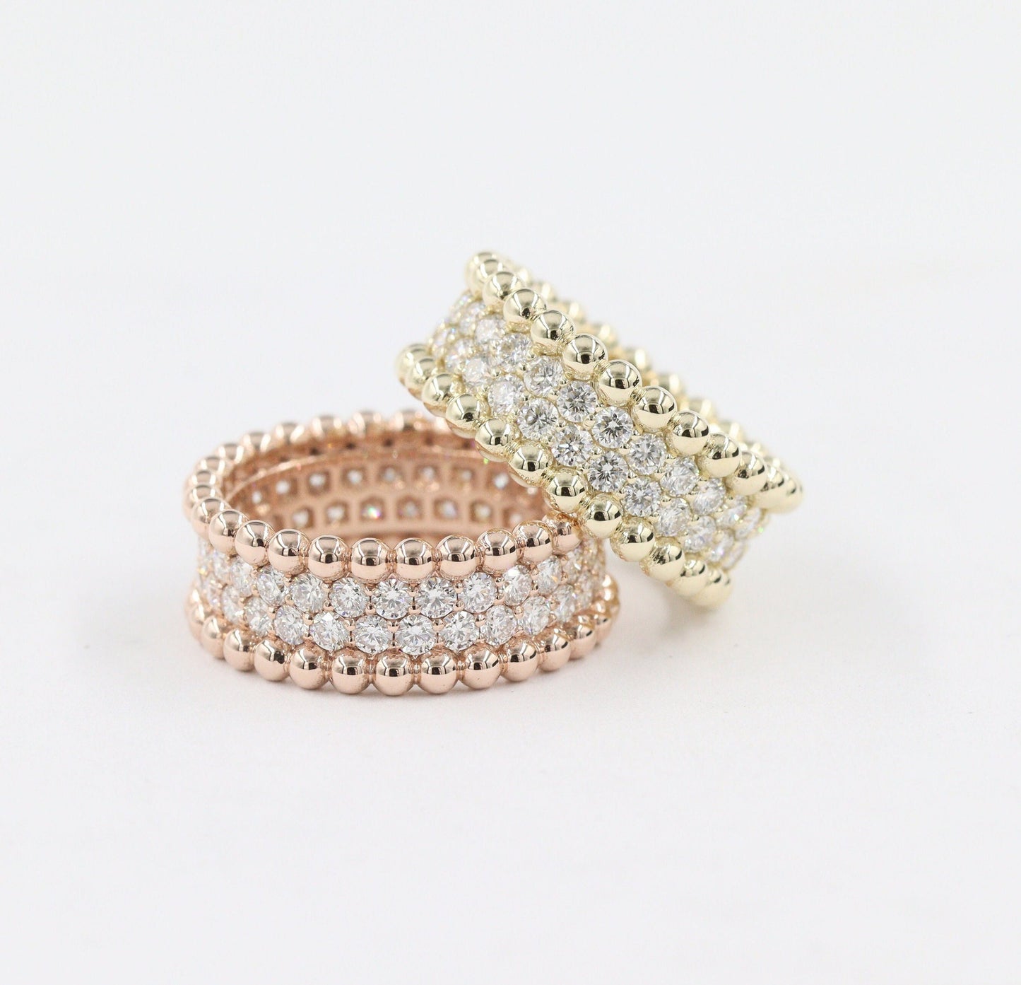 14K Gold 2 Row Natural Diamond Eternity Ring: Stackable Double Bead Anniversary Ring
