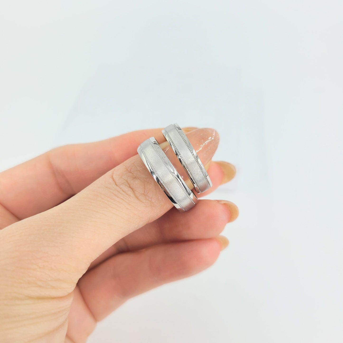 Handmade Platinum Wedding Band Set: Sand Blasted Couple 5mm,6mm Rings - Anniversary Gift