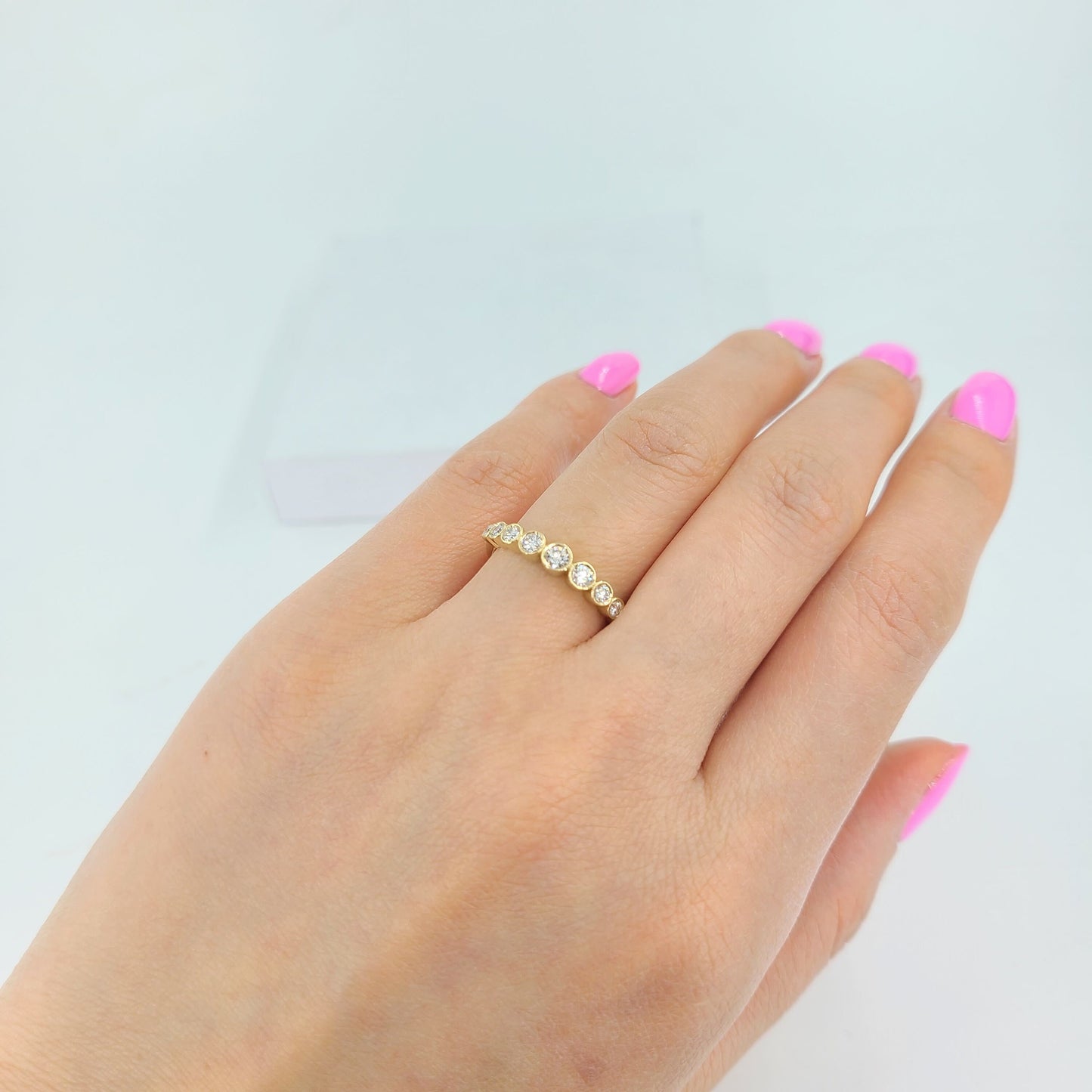 14K Gold  Natural Diamond Bezel Ring: Half Eternity Stackable Band