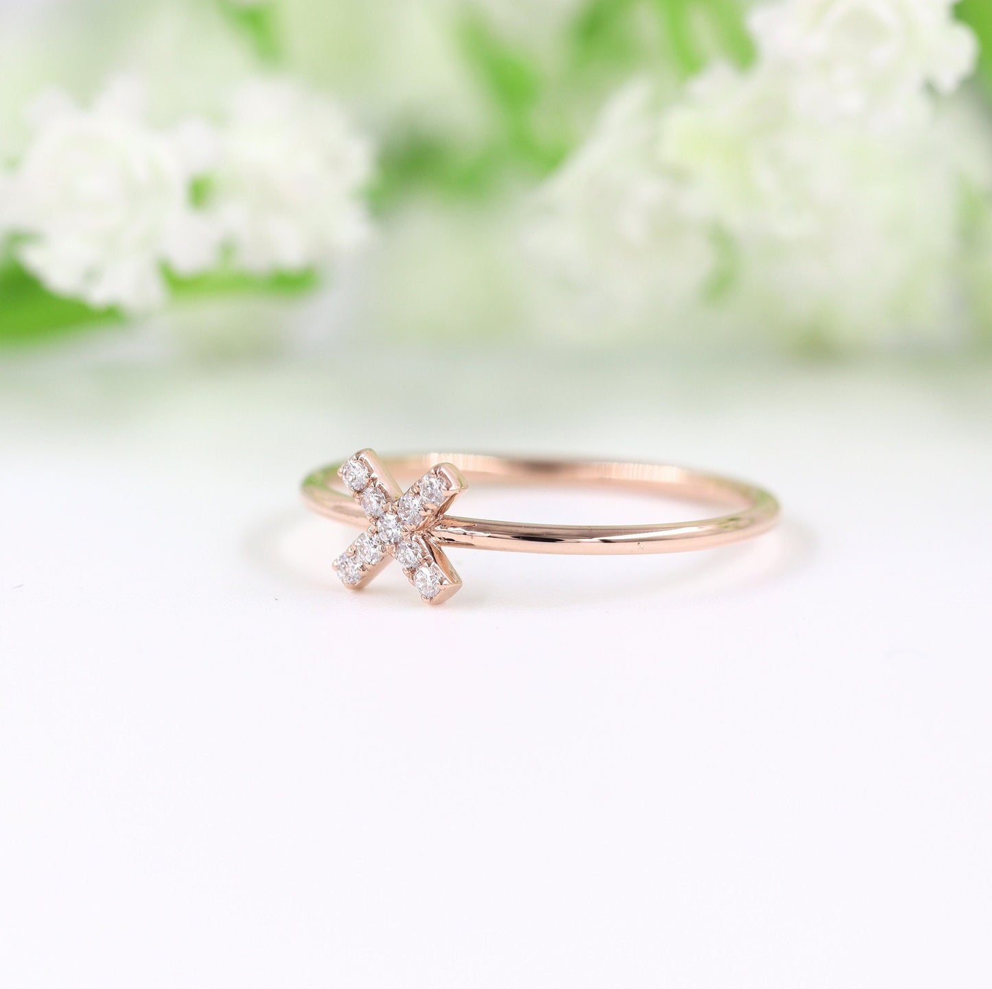 14K Gold Natural Diamond X Ring: Dainty Stacking Ring