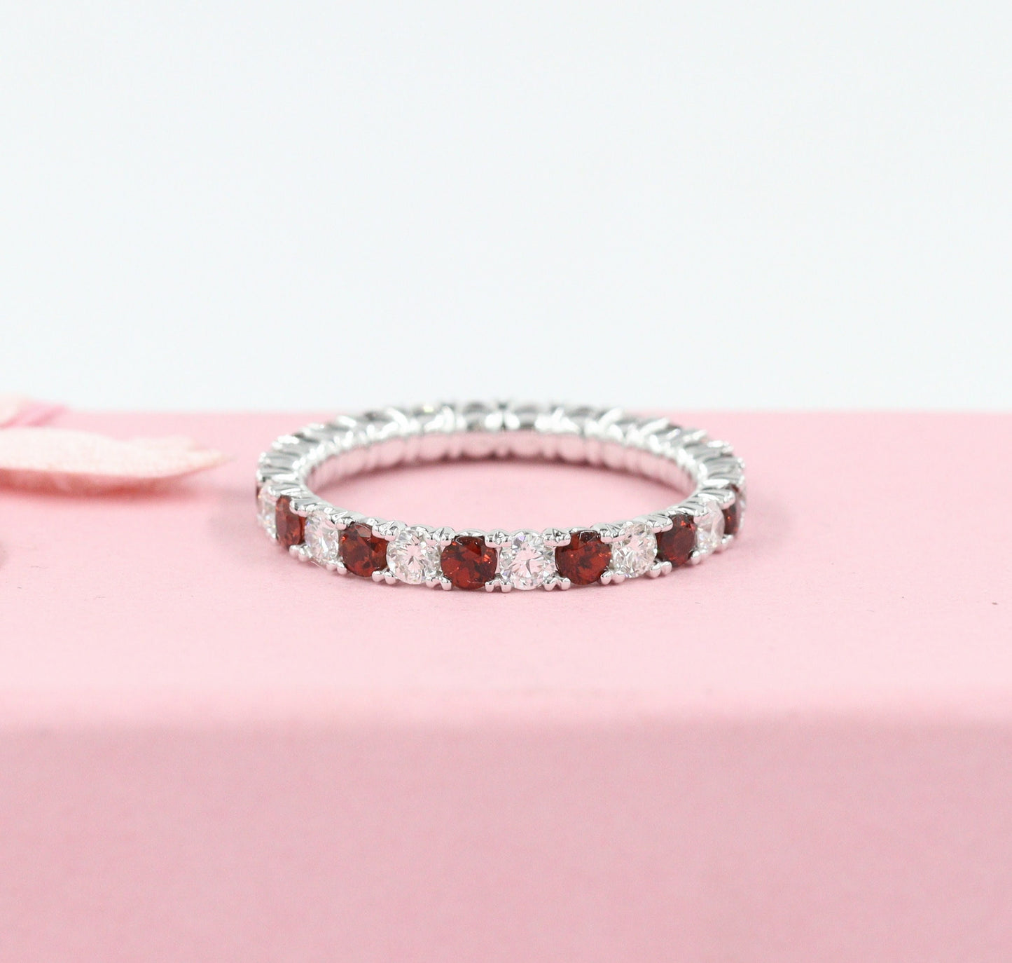14K Gold Natural Diamond & Garnet Eternity Band - Handmade Stackable Ring- Anniversary Gift