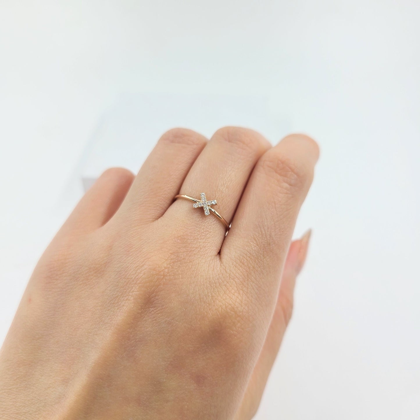 14K Gold Natural Diamond X Ring: Dainty Stacking Ring