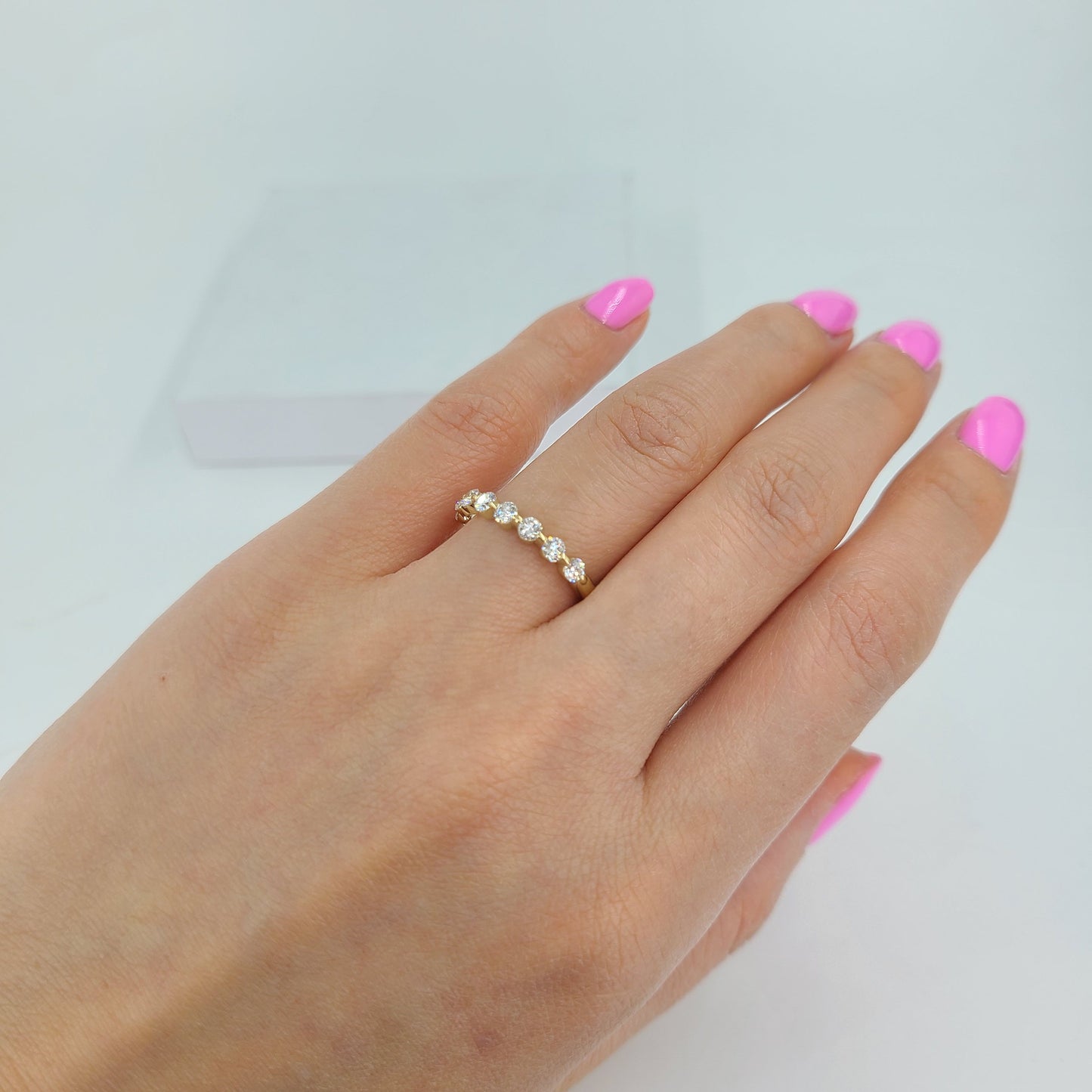 Half Natural Diamond Single Prong Wedding Band: 14K Gold Eternity Ring - Anniversary Gift