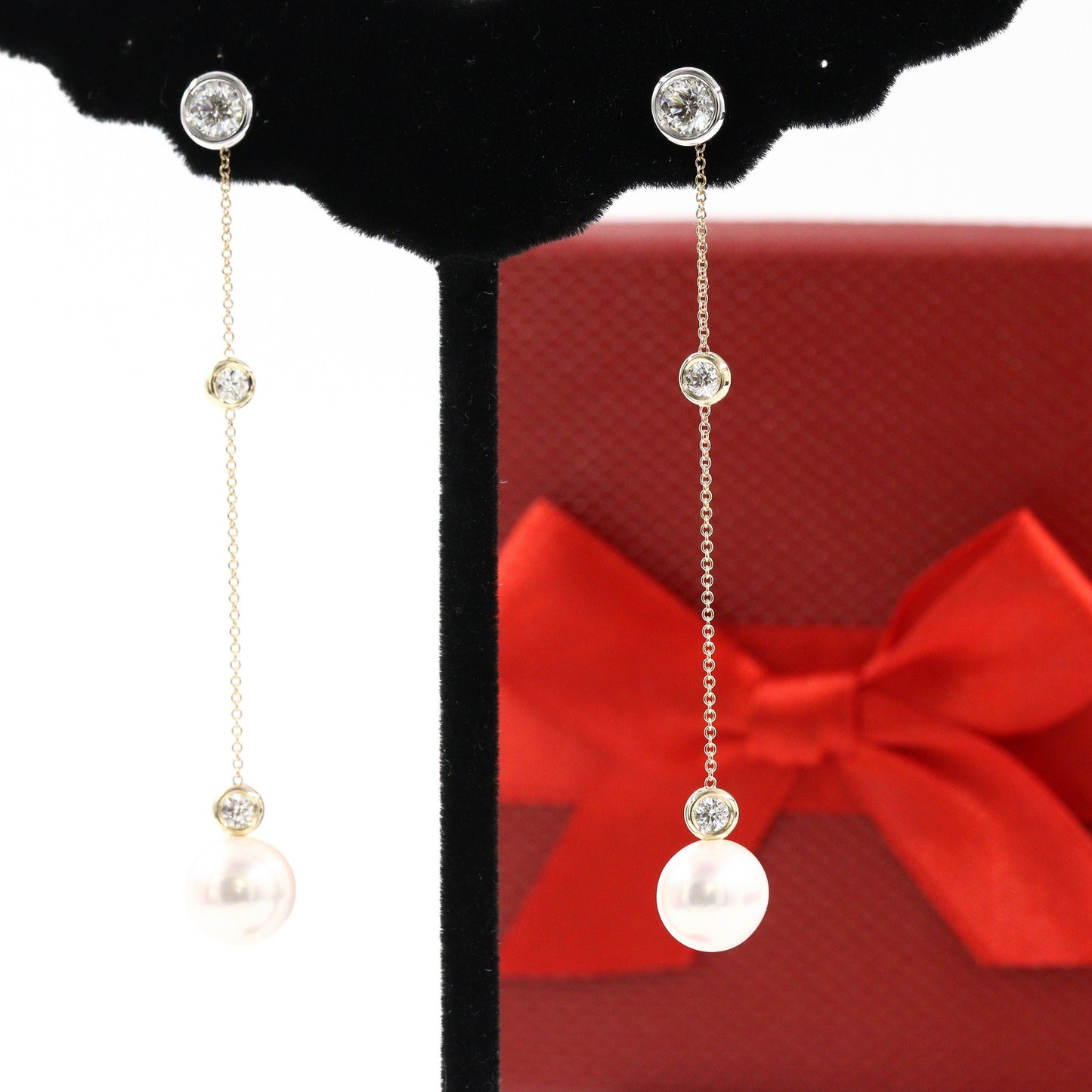 14K Gold Pearl & Natural Diamond Drop Chain Earring Jackets