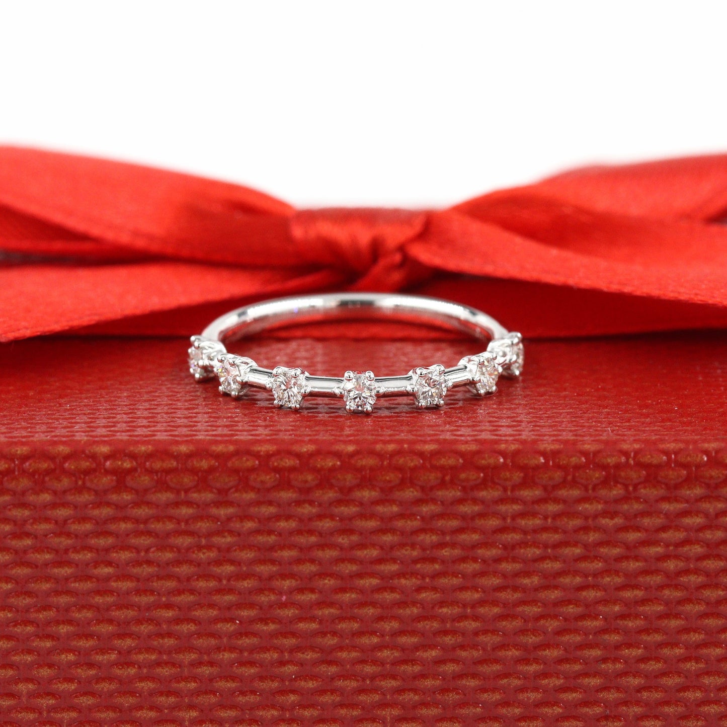 14K Gold Half Natural Diamond Wedding Band: .25ct Stacking Ring- Anniversary Gift